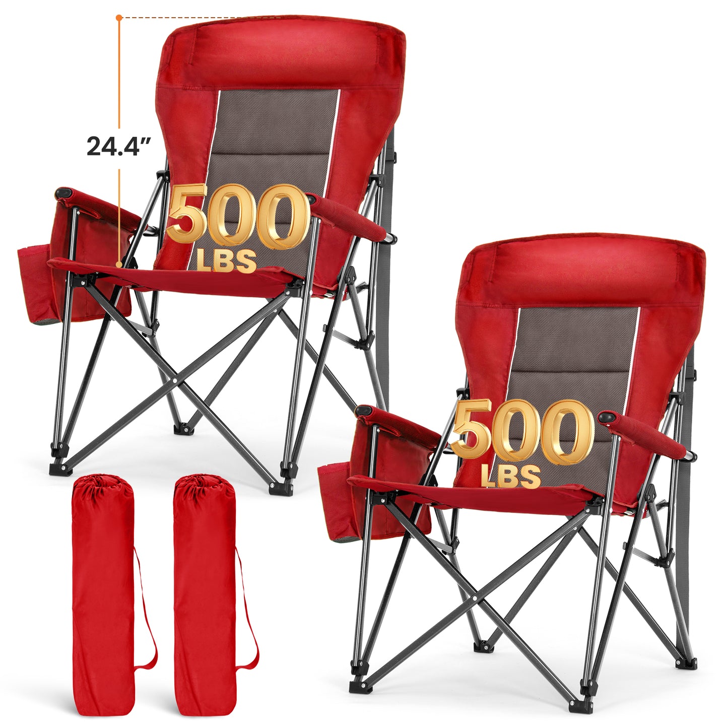 Sophia & William 2-Pack Oversized Camping Chair Heavy Duty High Back Camping Chairs 500lbs Capacity Folding Lawn Chairs with Cup Holder, Portable for Outdoor, Beach and Picnic, Red