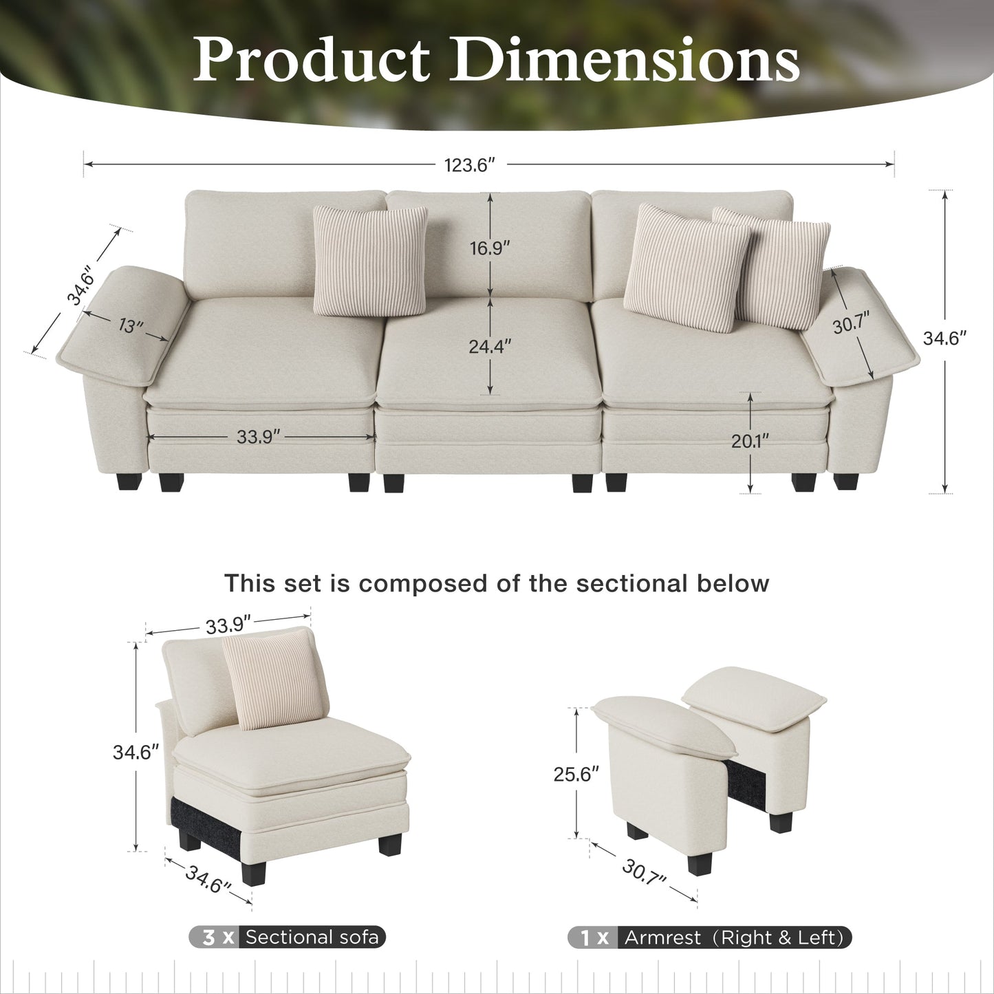 Sophia&William 3-Seat Convertible Sectional Sofa Couch, Modern Chenille Couch Cloud Sofa Modular for Living Room,White