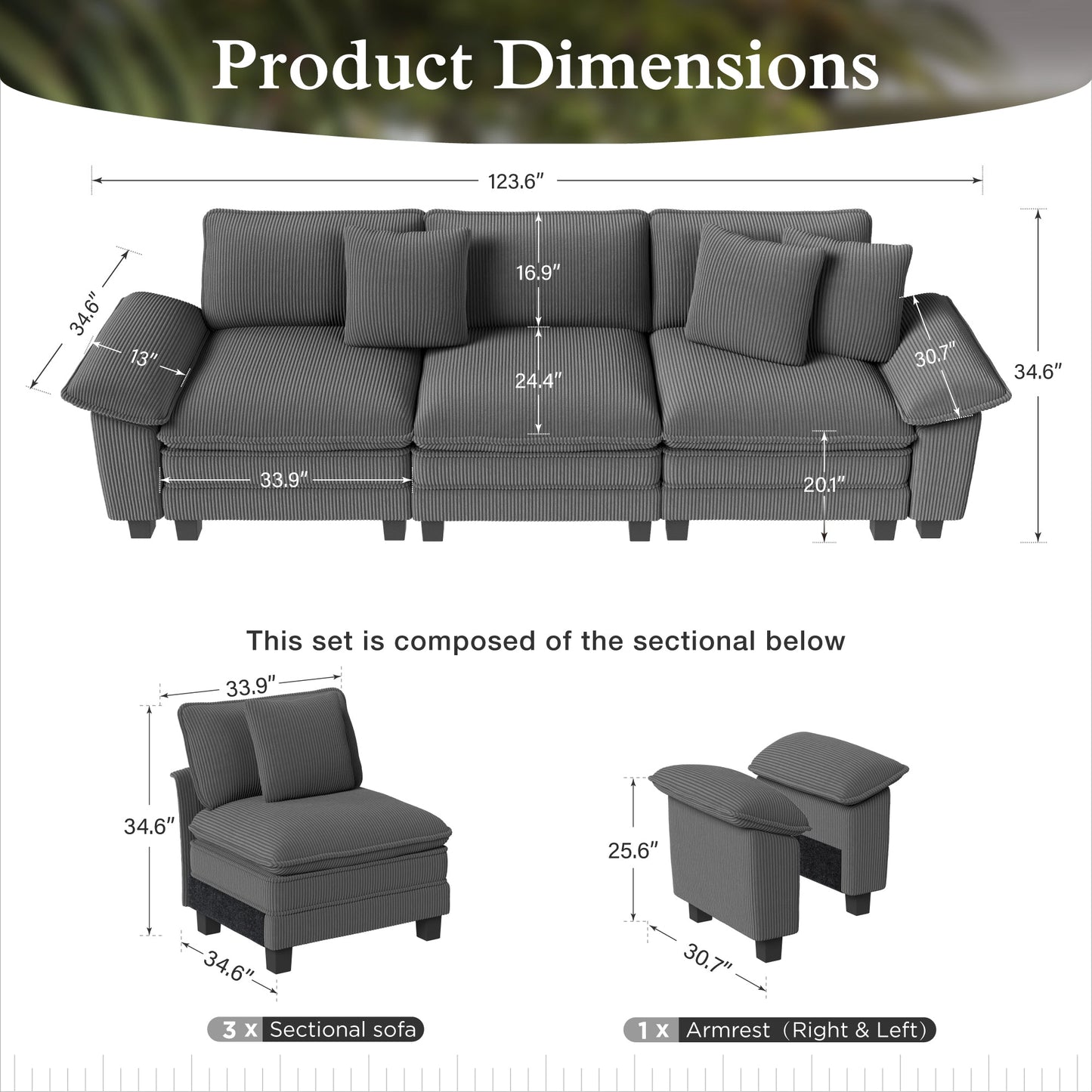 Sophia&William 3-Seat Convertible Sectional Sofa Couch, Modern Chenille Couch Cloud Sofa Modular for Living Room,Gray