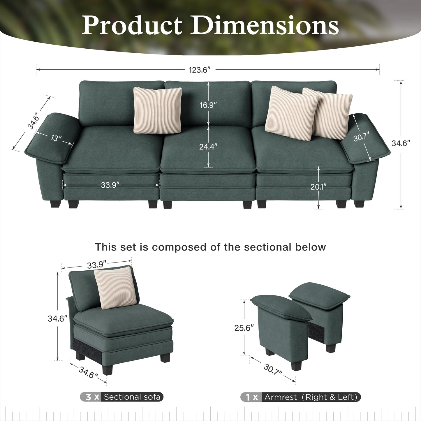 Sophia&William 3-Seat Convertible Sectional Sofa Couch, Modern Chenille Couch Cloud Sofa Modular for Living Room,Green