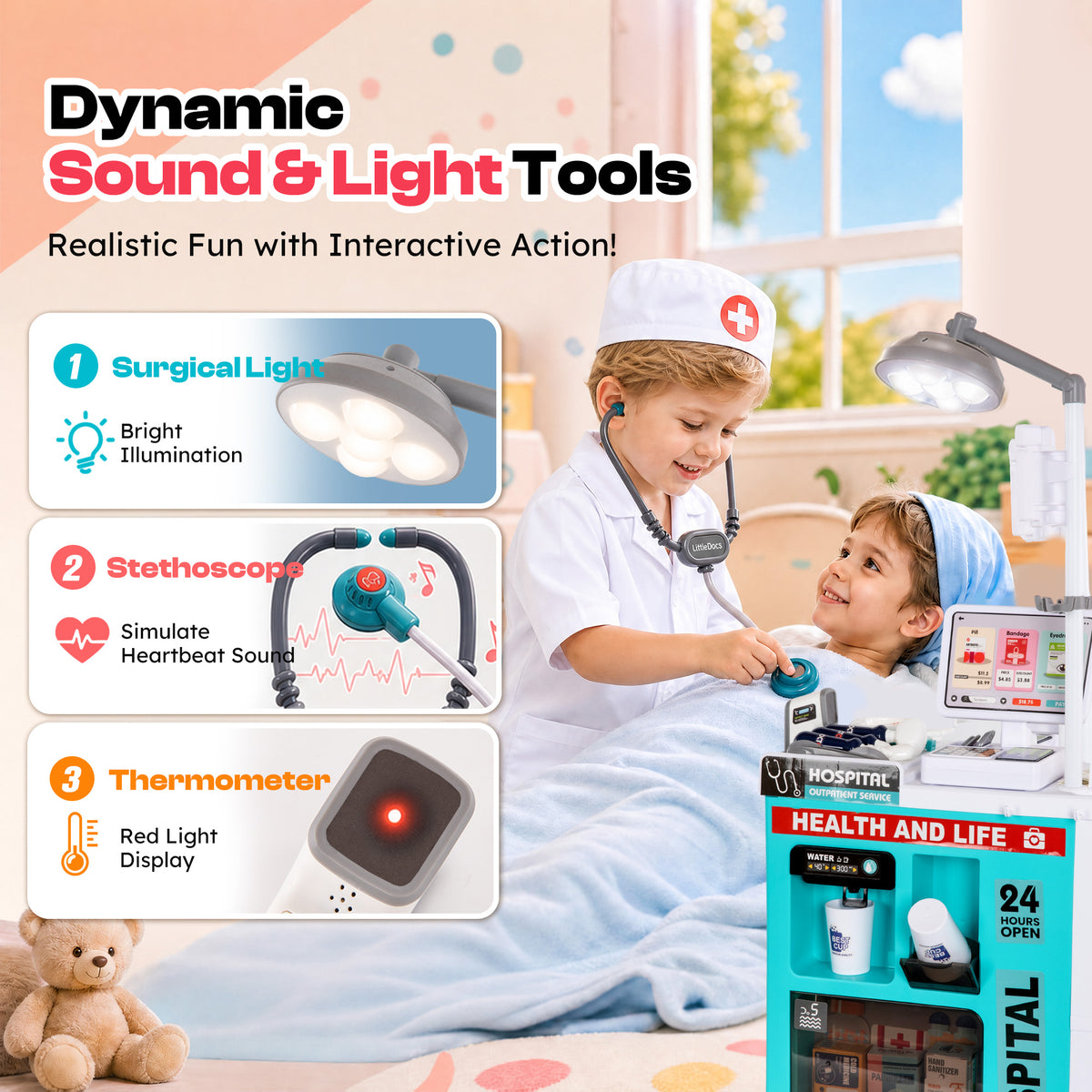 Alpha Joy 78Pcs Dentist Play Set for Kids Doctor Kit Play Set with Water Station, Cup, Checkout System, Surgical Light Pretend Medical Kit for Boys Girls Ages 3-8, White