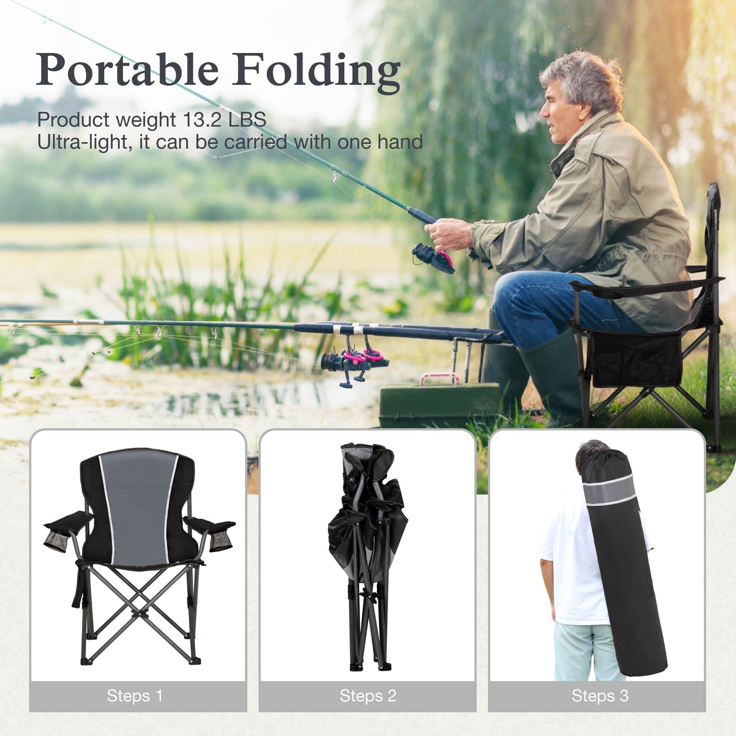 Sophia & William 2 Pack Oversized Camping Chair Portable Mesh Folding Chair with Cup Holder Supports Up to 450Lbs for Outdoor, Fishing, Beach, Backyard£¬ Black