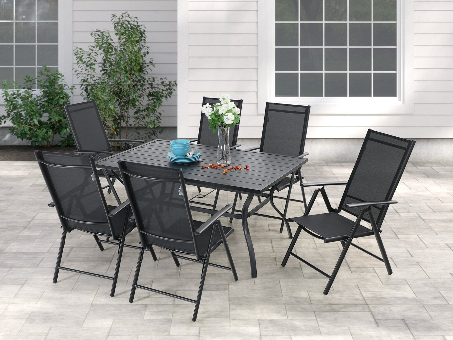 Sophia&William 7 Pcs Patio Dining Set Metal Table and Chairs Set for 6 People - Black