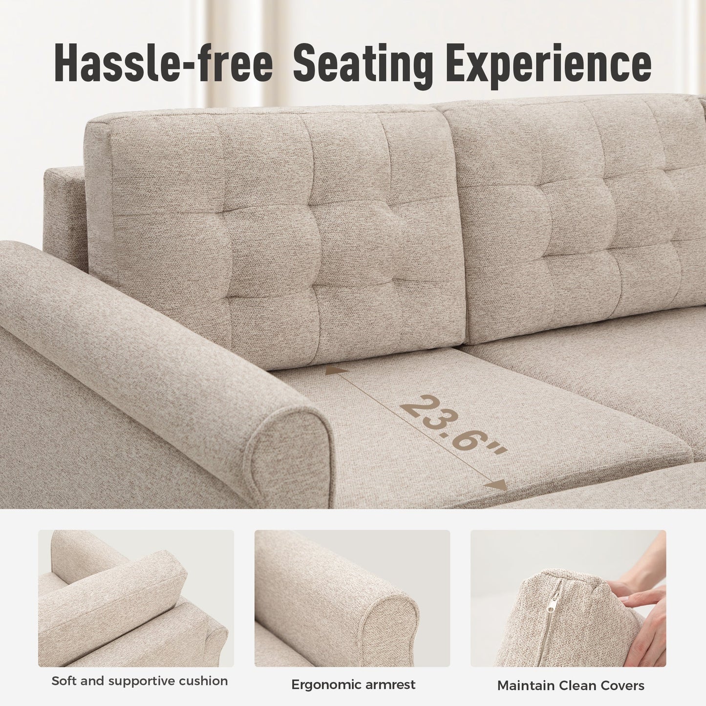 Sophia & William 149.4"L Modular Sectional Sofa with Storage Modern L-shaped Linen Couch with Ottoman & 5.1" Thicken Beige Cushions for Living Room, Bedroom