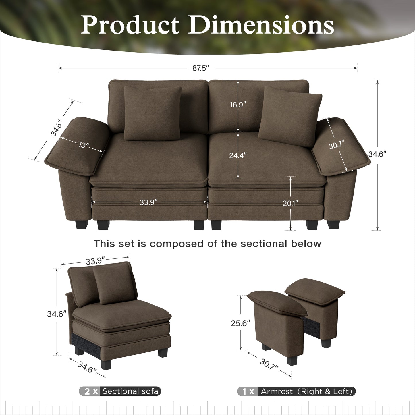 Sophia&William 87.5"LConvertible Sectional Sofa Couch, Modern Chenille Couch 7-Seat Sofa Loveseat for Living Room,Brown