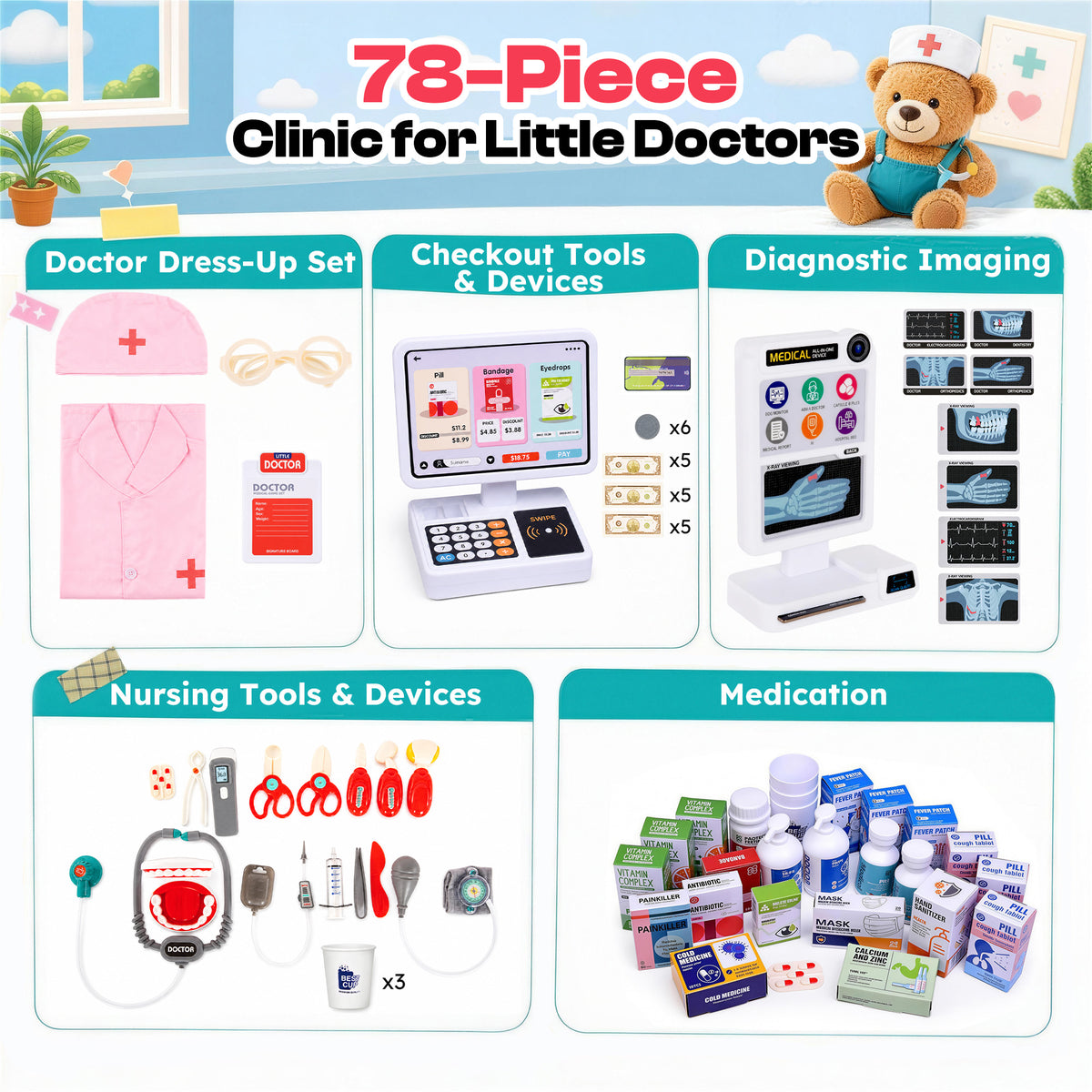 Alpha Joy 78Pcs Dentist Play Set for Kids Doctor Kit Play Set with Water Station, Cup, Checkout System, Surgical Light Pretend Medical Kit for Boys Girls Ages 3-8, Pink