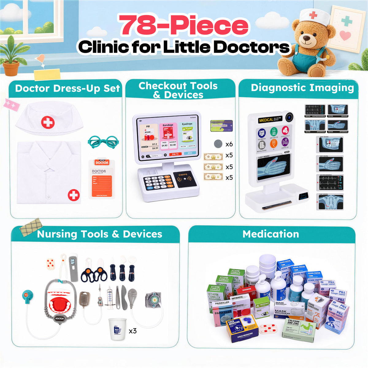 Alpha Joy 78Pcs Dentist Play Set for Kids Doctor Kit Play Set with Water Station, Cup, Checkout System, Surgical Light Pretend Medical Kit for Boys Girls Ages 3-8, White