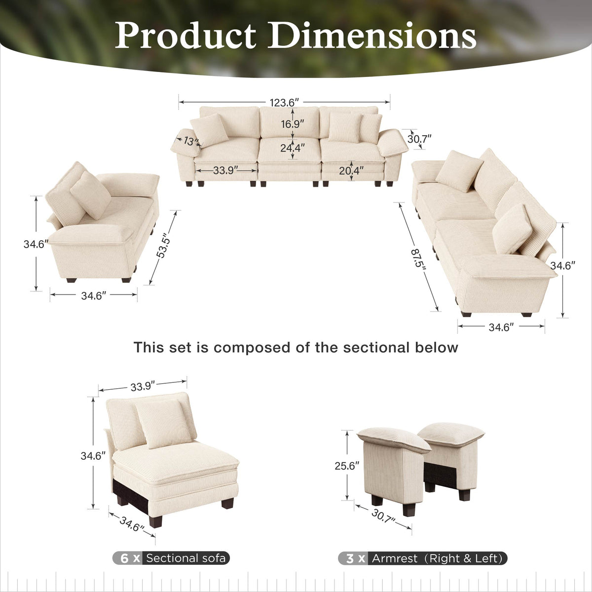 Sophia&William 6-Seat Sectional Sofa Sets, Modern Cloud Couch Deep Seat Modular Sofa with Corduroy Fabric & 6 Pillows for Living Room, Apartment, Beige