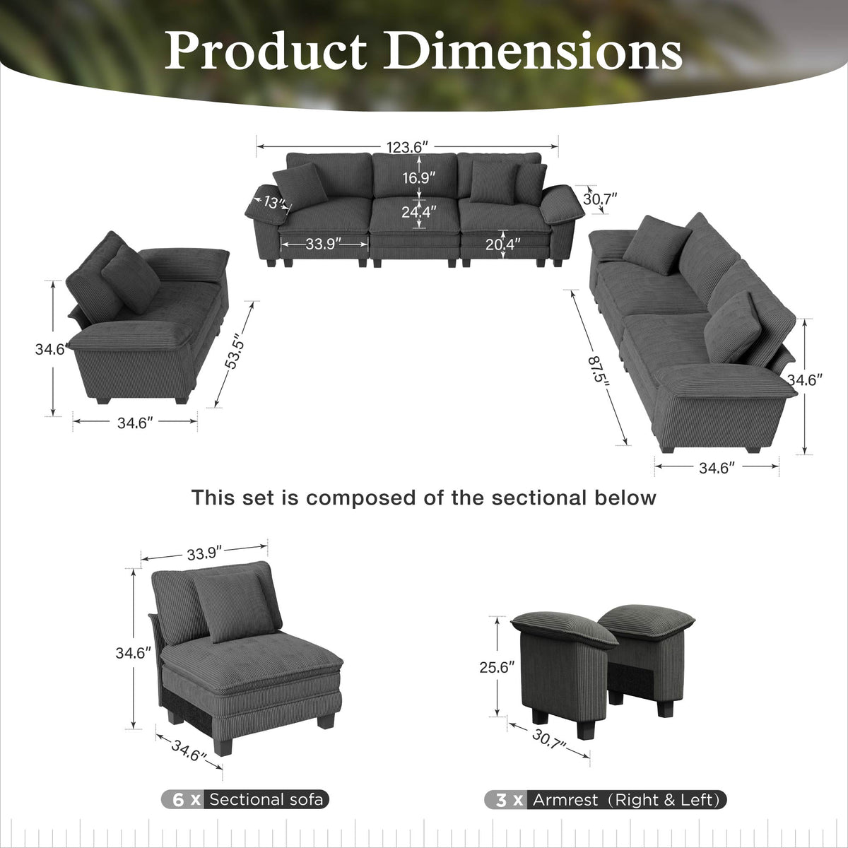 Sophia&William 6-Seat Sectional Sofa Sets, Modern Cloud Couch Deep Seat Modular Sofa with Corduroy Frame & 6 Pillows for Living Room, Apartment, Blue