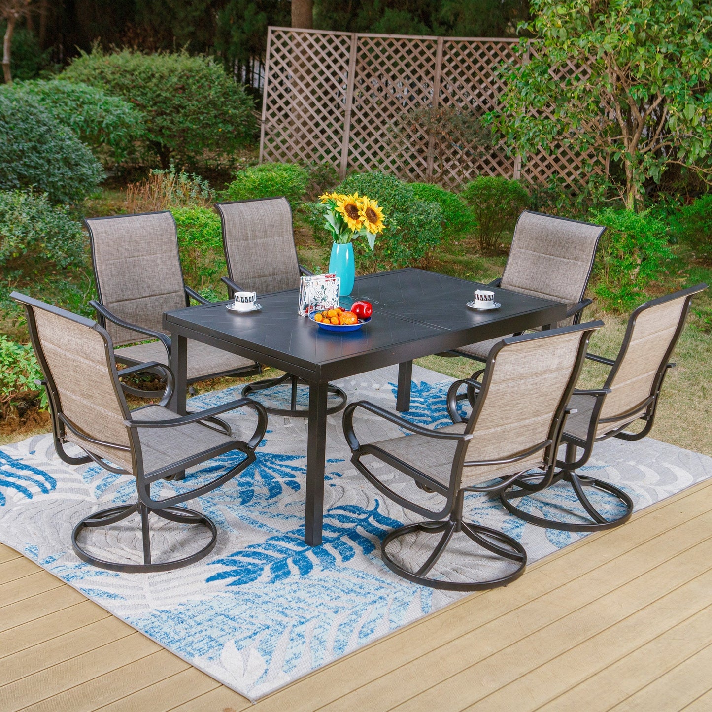 Sophia & William 7 Pieces Metal Outdoor Patio Dining Set with Gray Padded Textilene Swivel Chairs and Black Extendable Table