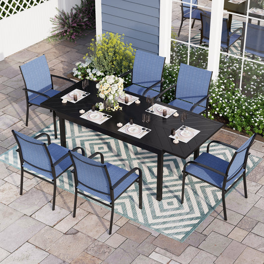 Sophia & William 7 Piece Patio Metal Dining Set Extendable Table and 6 Blue Textilene Chairs