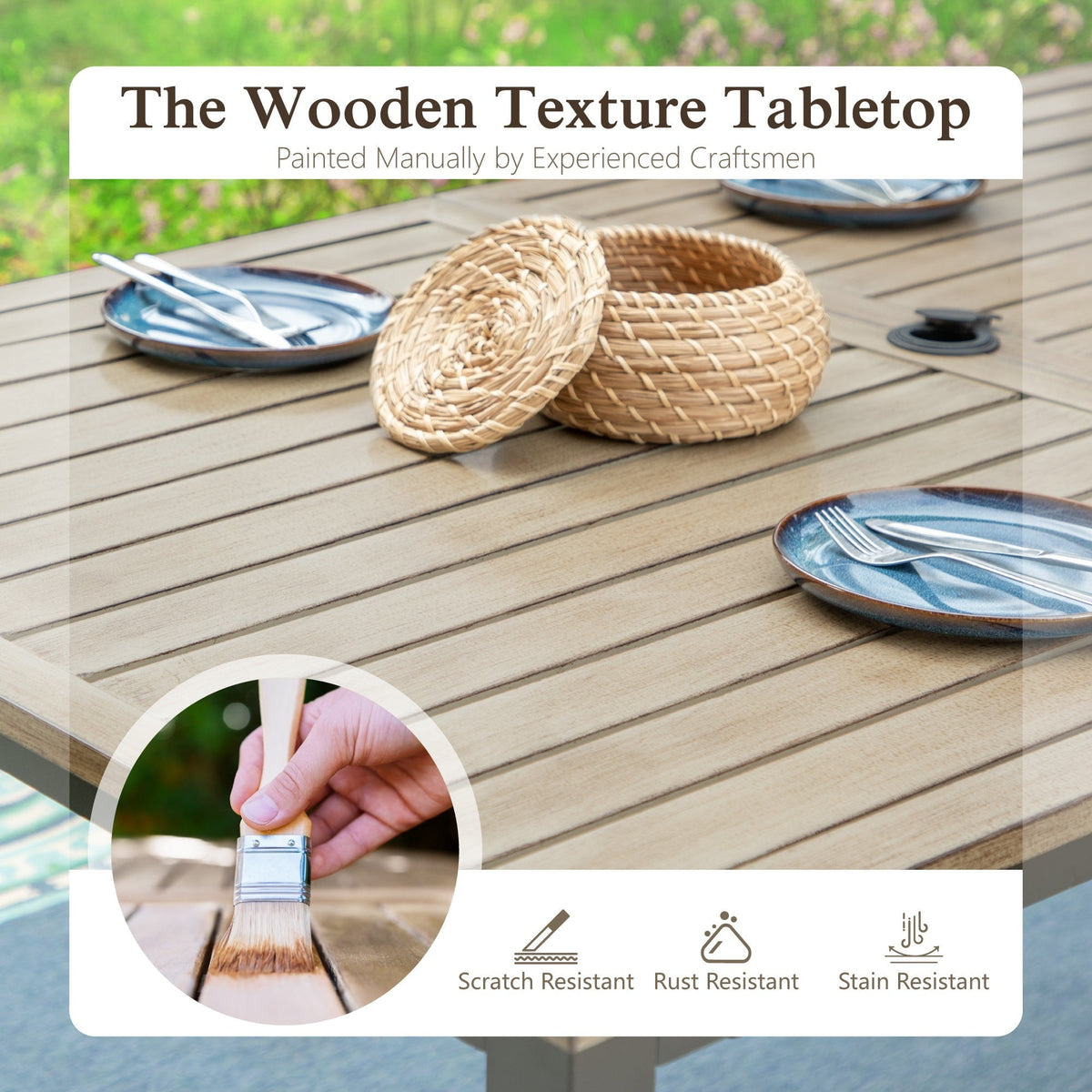 Sophia & William 7 Pieces Outdoor Patio Dining Set Wooden-like Metal Table and Acacia Wood Patio Chairs with Cushions for Lawn, Garden, Backyard