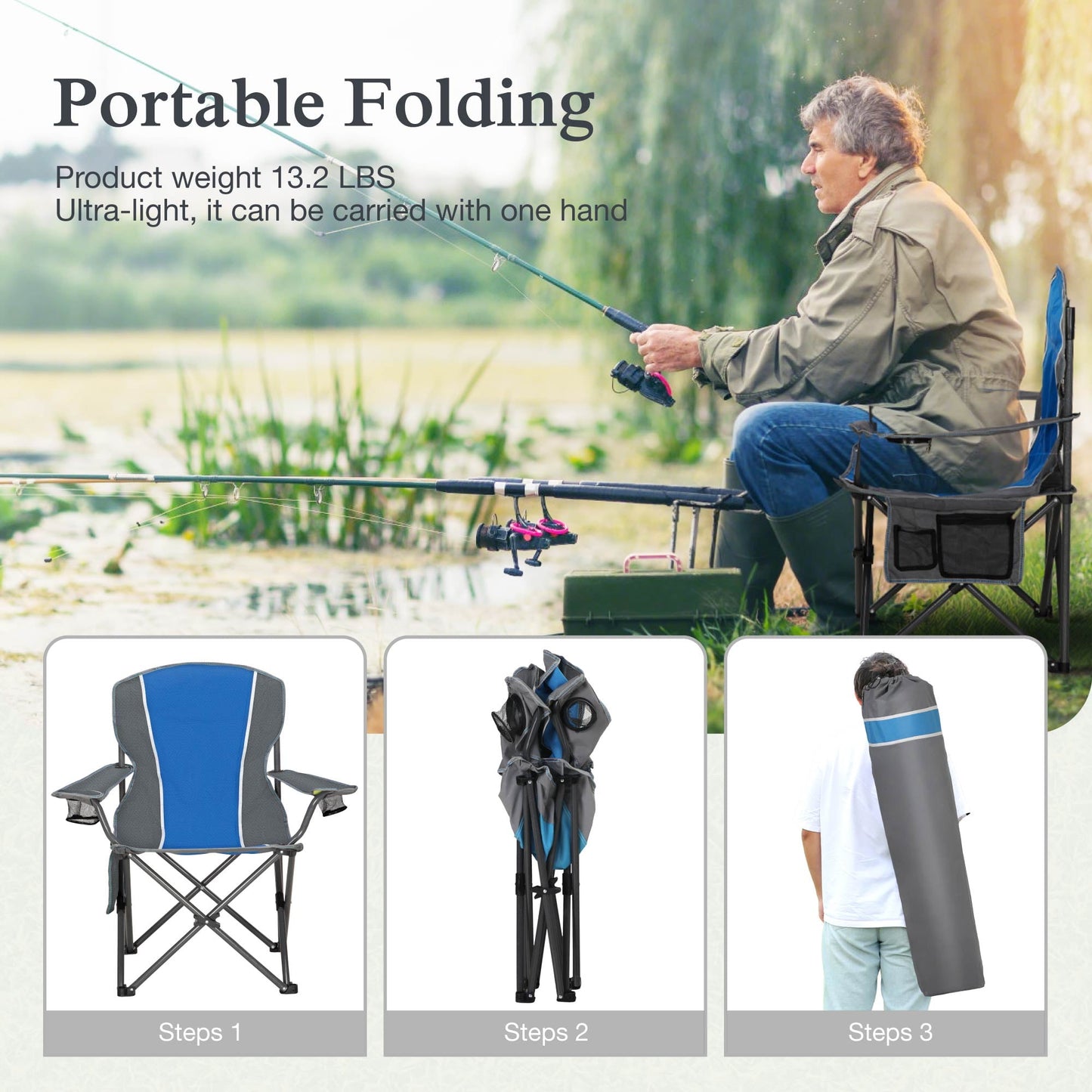 Sophia & William Heavy Duty Camping Chair Outdoor Oversized Padded Lawn Chair with Cooler, 450LBS Capacity, Green