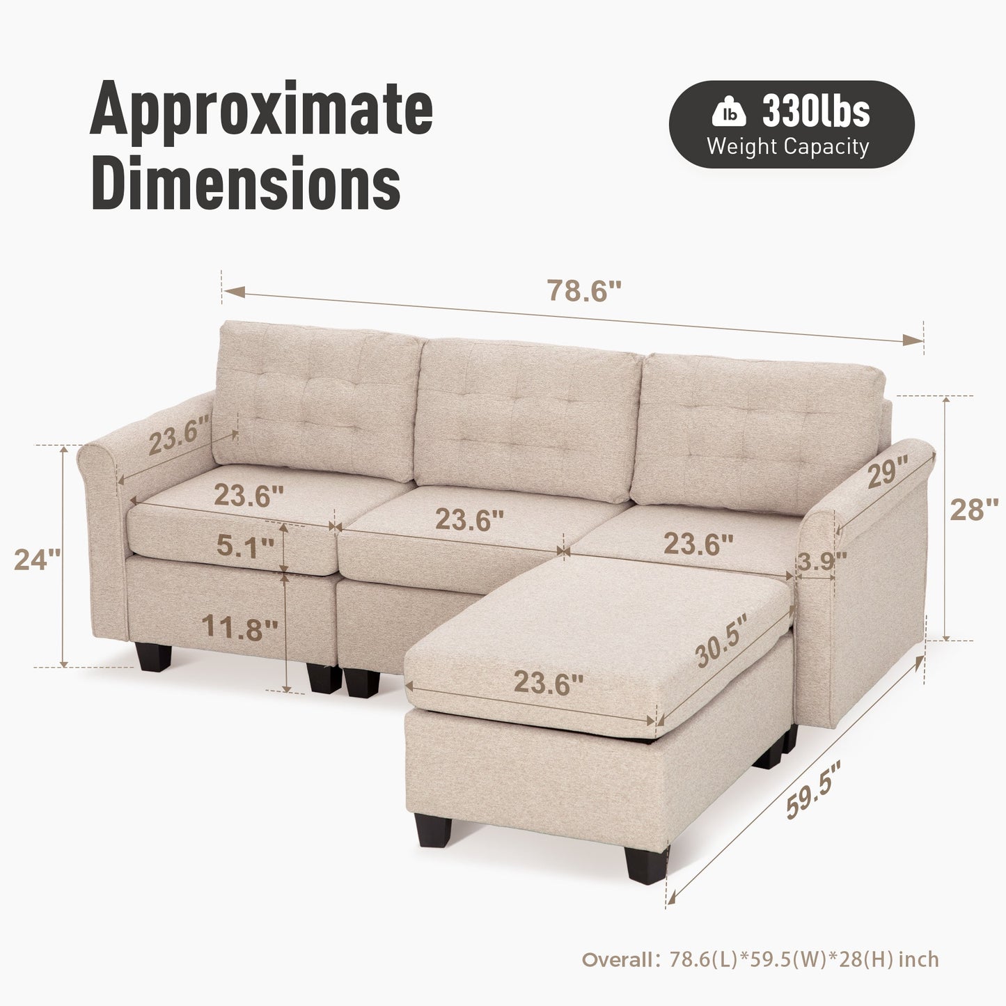 Sophia & William Modular Sectional Sofa with Storage 3 Seat Modern Linen Couch with Ottoman for Living Room, Bedroom, Beige