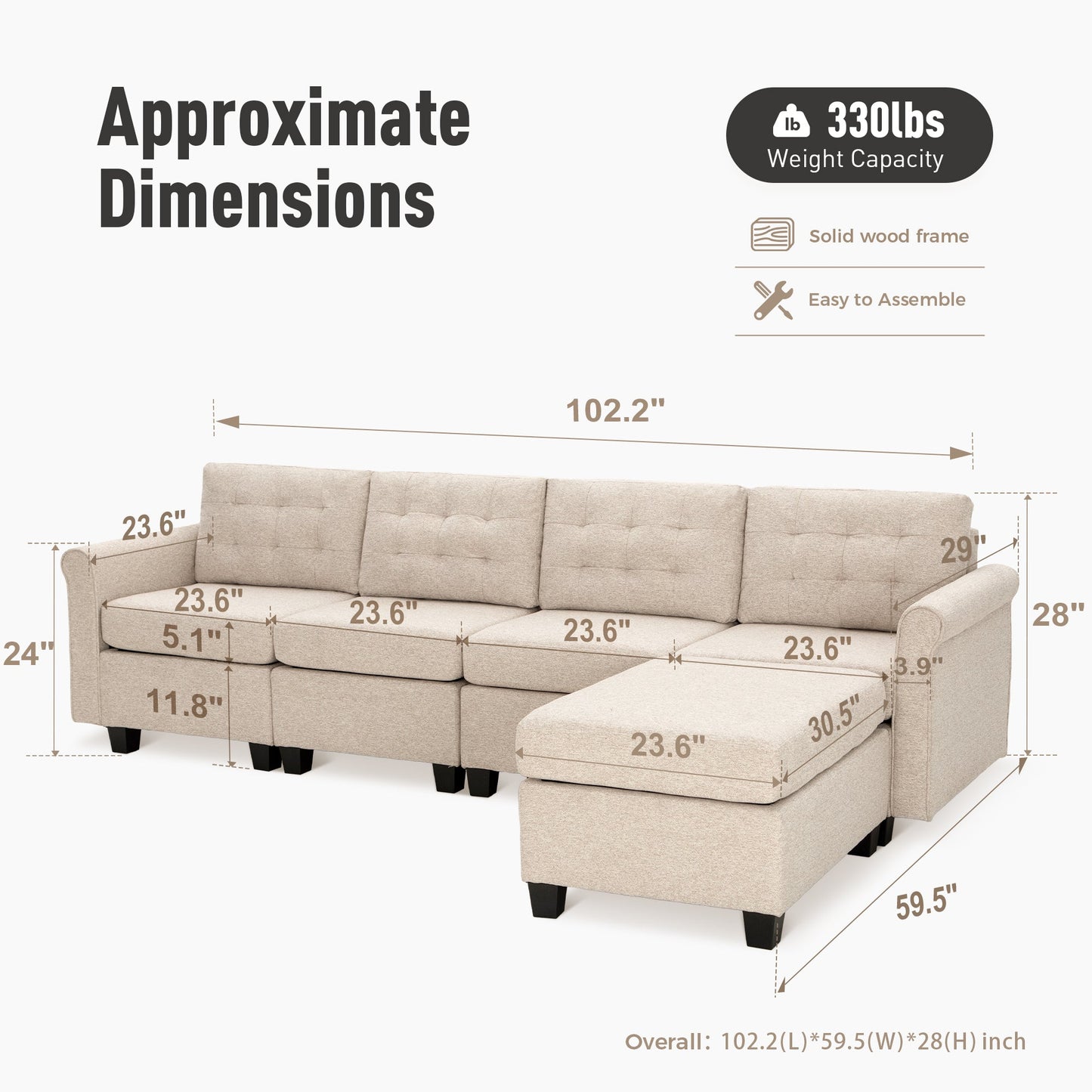 Sophia & William 102.2"L Modular Sectional Sofa with Storage 4 Seat Modern L-shaped Linen Couch with Ottoman & 5.1" Thicken Beige Cushions for Living Room, Bedroom