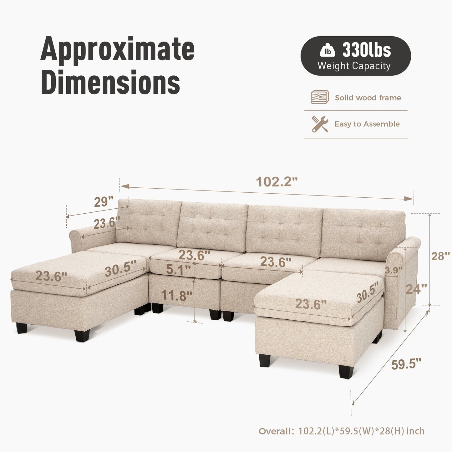 Sophia & William Modular Sectional Sofa with Storage 4 Seat Modern U-shaped Linen Couch with Ottomans & 5.1" Thicken Beige Cushions for Living Room, Bedroom