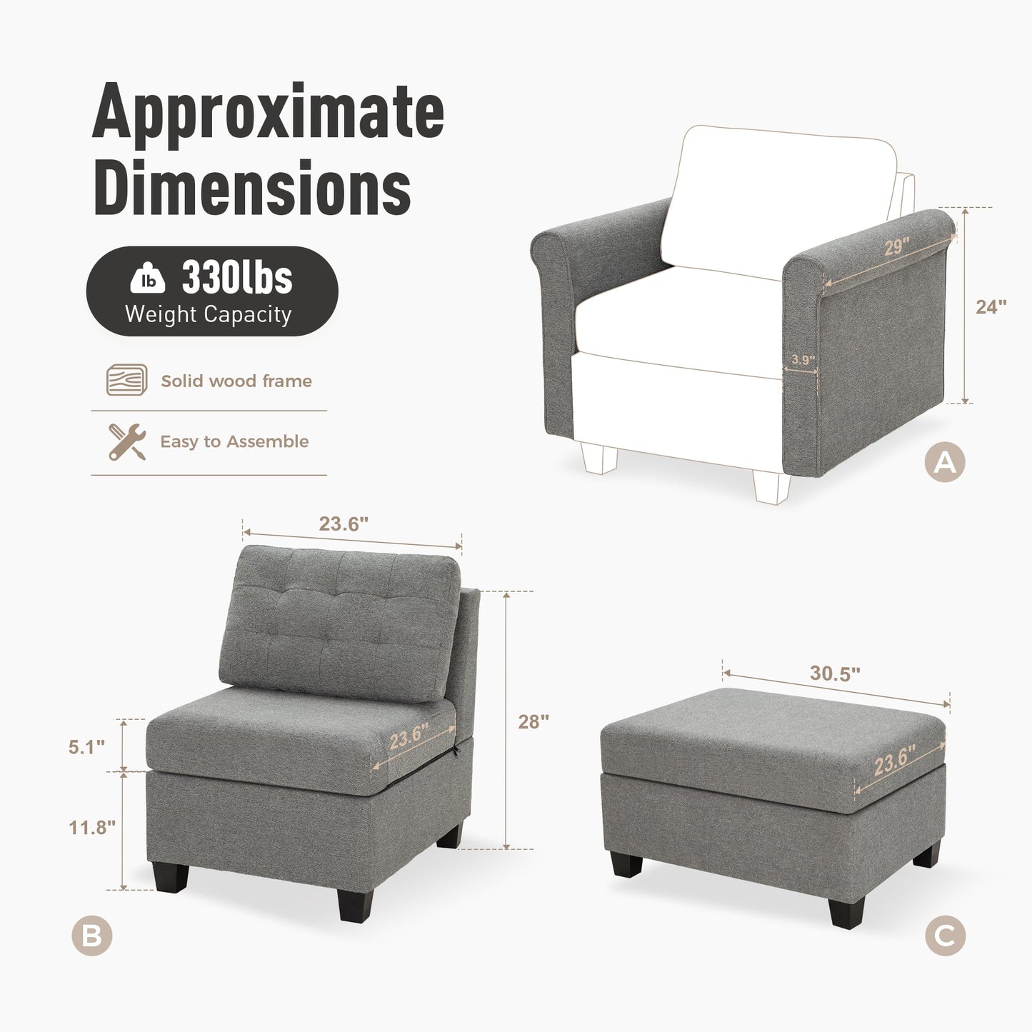 Sophia & William Modular Sectional Sofa with Storage 3-Seat Modern Linen Couch with Ottoman for Living Room, Bedroom, Gray