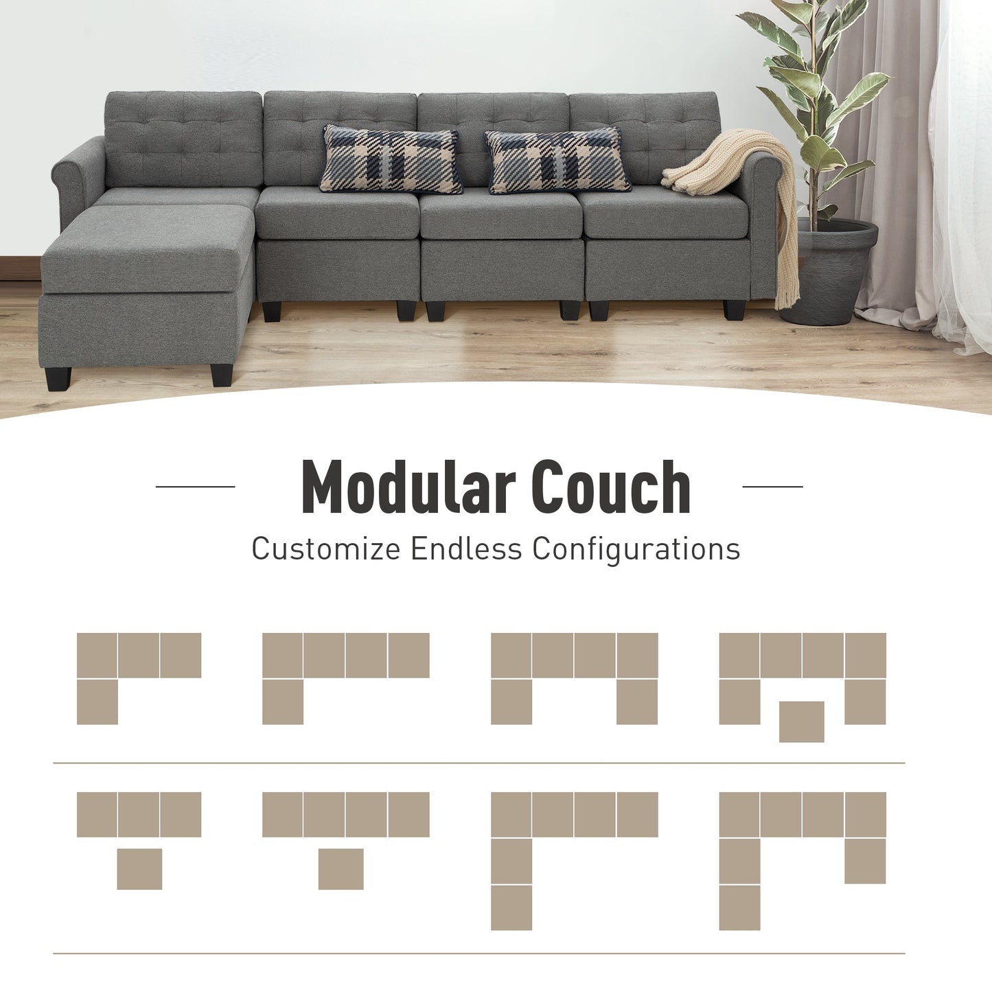 Sophia & William Modular Sectional Sofa with Storage 4 Seat Modern U-shaped Linen Couch with Ottomans & 5.1" Thicken Gray Cushions for Living Room, Bedroom