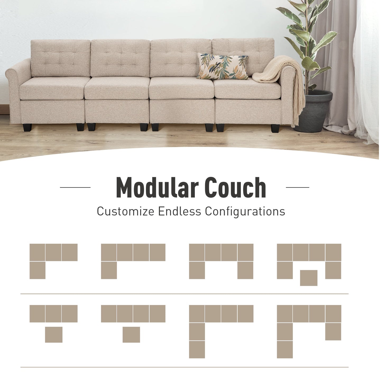 Sophia & William 102.2"L Modular Sectional Sofa with Storage 4 Seat Modern L-shaped Linen Couch with Ottoman & 5.1" Thicken Beige Cushions for Living Room, Bedroom
