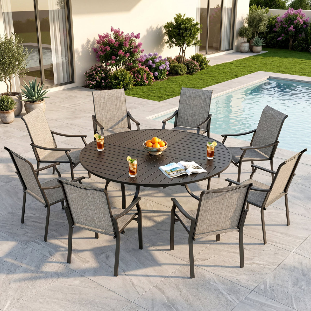 Sophia & William 9 Pieces Outdoor Metal Patio Dining Set Fixed Textilene Chairs and 67inch Large Round Table Set for 8