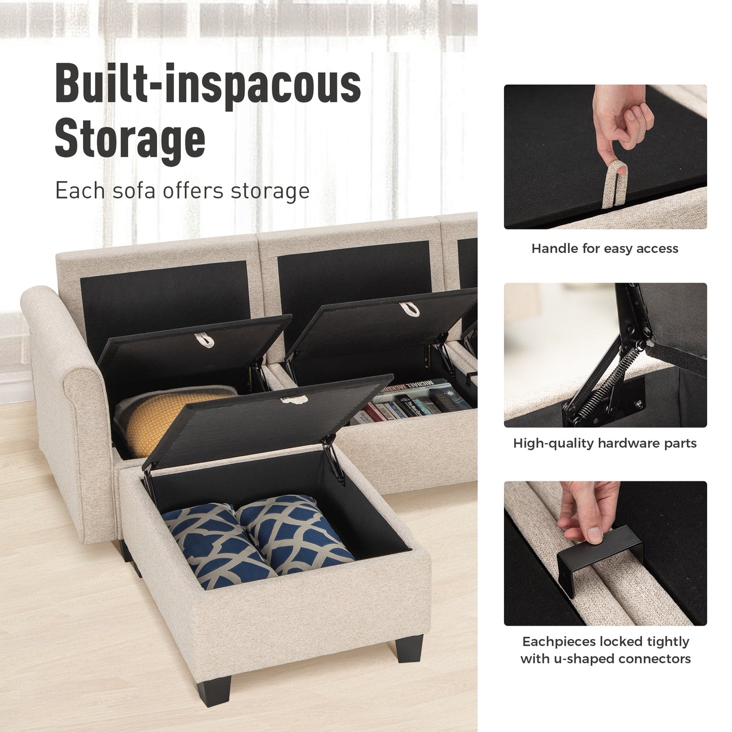 Sophia & William 102.2"L Modular Sectional Sofa with Storage 4 Seat Modern L-shaped Linen Couch with Ottoman & 5.1" Thicken Beige Cushions for Living Room, Bedroom