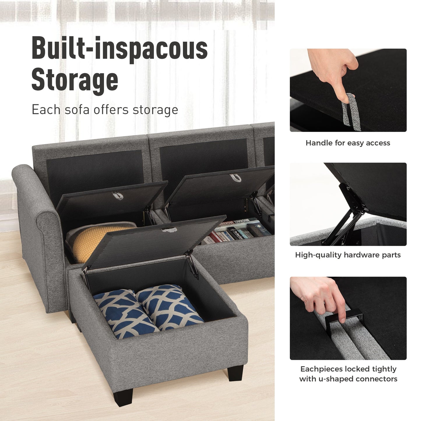 Sophia & William 102.2"L Modular Sectional Sofa with Storage Modern L-shaped Linen Couch with Ottoman & 5.1" Thicken Gray Cushions for Living Room, Bedroom