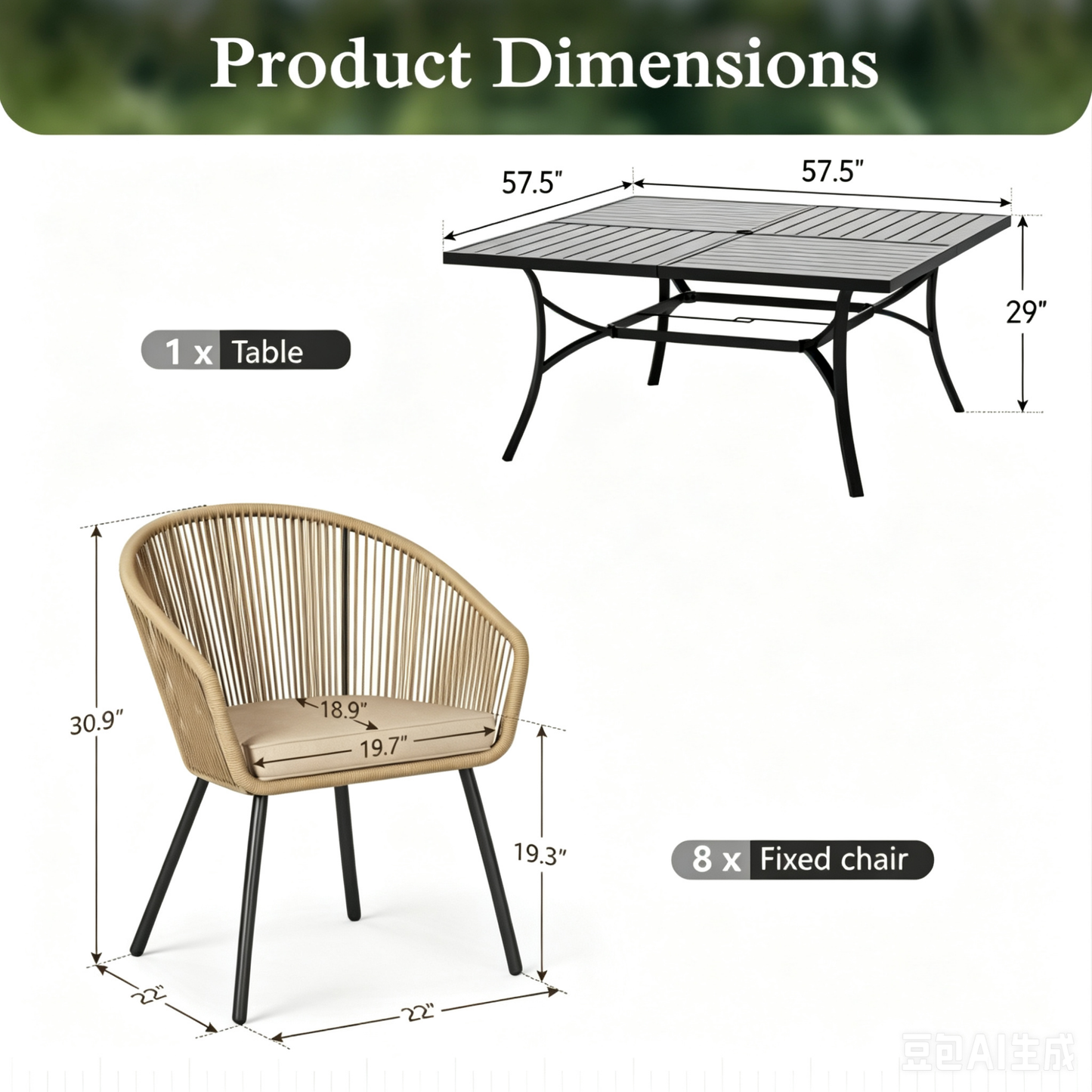 Sophia & William 9 Pieces Outdoor Patio Dining Set, 57.5" Metal Square Dining Table and Wicker Rattan Chairs Set for 8, Black Placer Gold