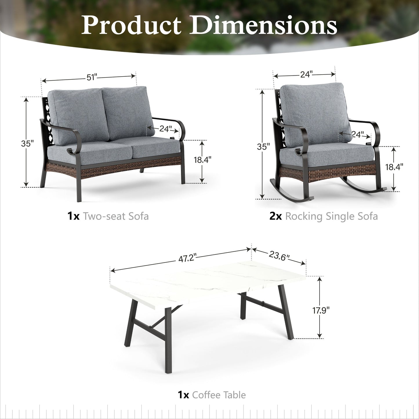 Sophia & William 4 Seat Patio Conversation Set,Outdoor Furniture Set with Rocking Chairs & Loveseat, Gray