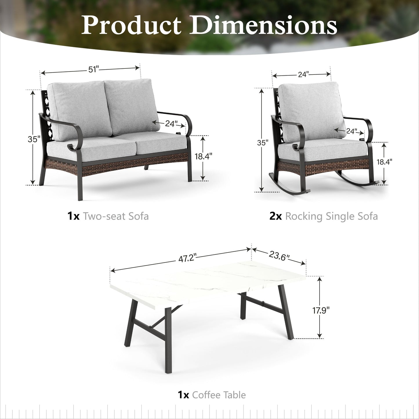 Sophia & William 4 Seat Patio Conversation Set,Outdoor Furniture Set with Rocking Chairs & Loveseat, Light Gray