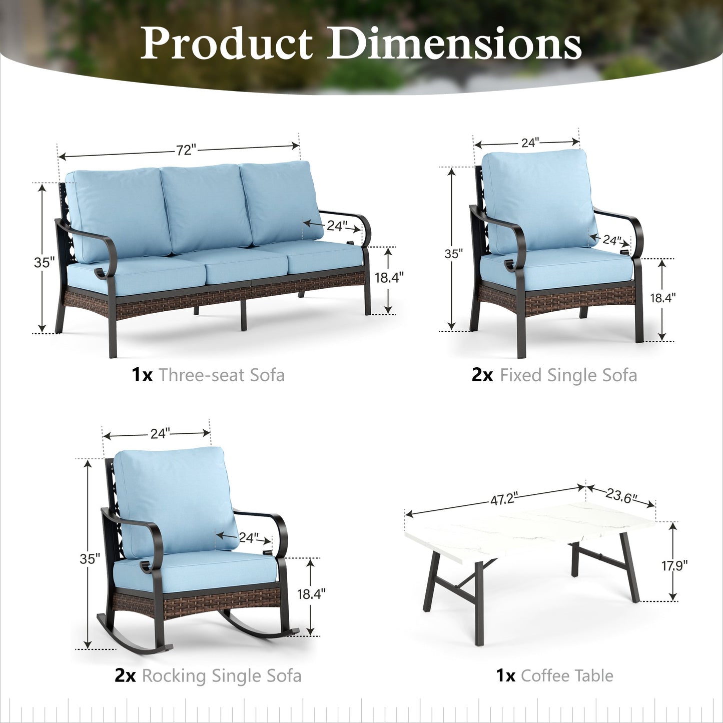 Sophia & William 7 Seat Patio Conversation Set,Outdoor Furniture Set with Rocking Chairs & Fixed Chairs, Blue