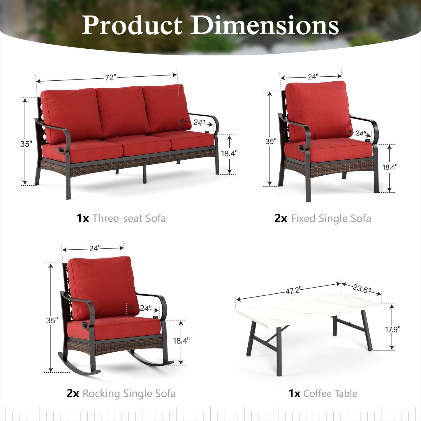 Sophia & William 7 Seat Patio Conversation Set,Outdoor Furniture Set with Rocking Chairs & Fixed Chairs, Red