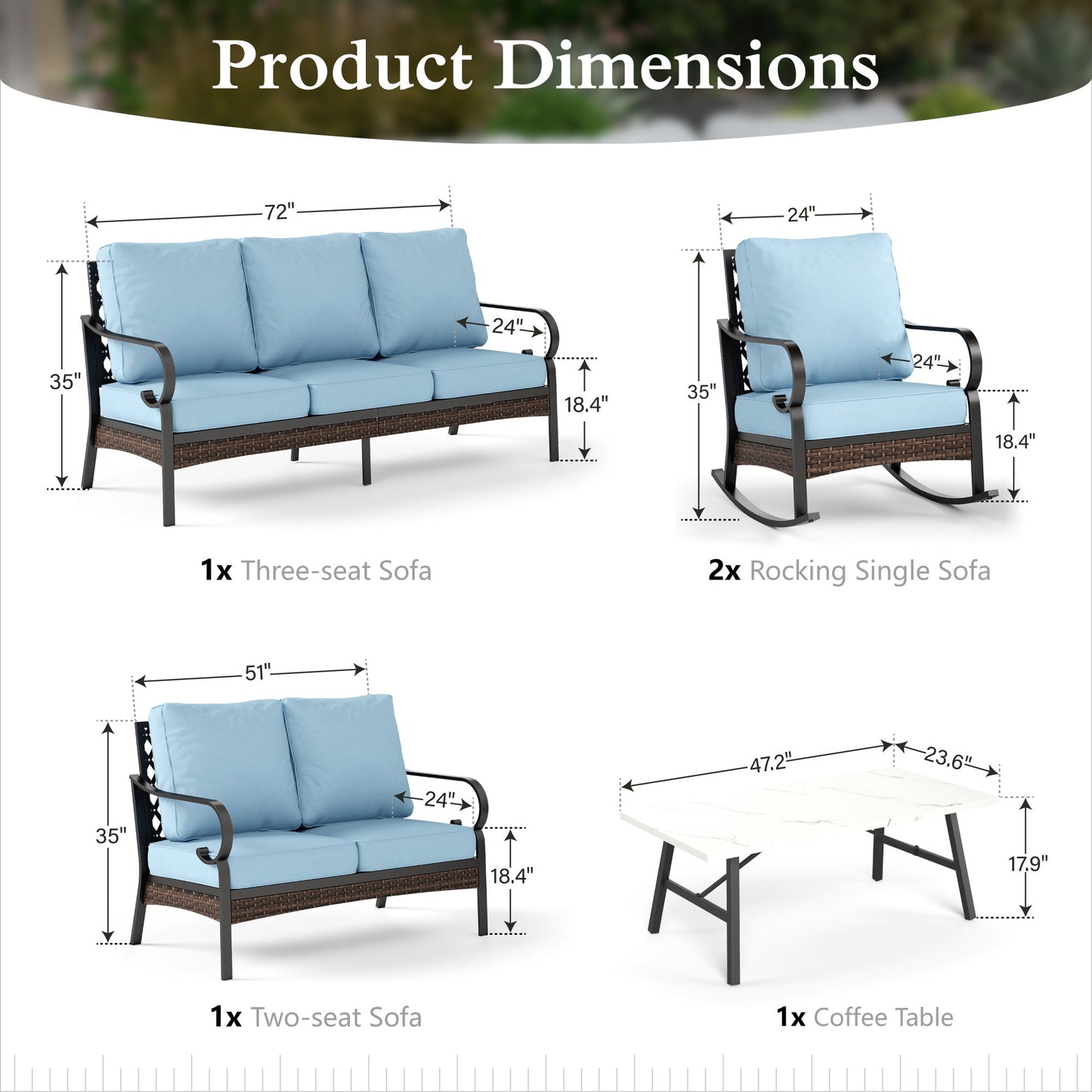Sophia & William 7 Seat Patio Conversation Set,Outdoor Furniture Set with Rocking Chairs & Loveseat, Blue