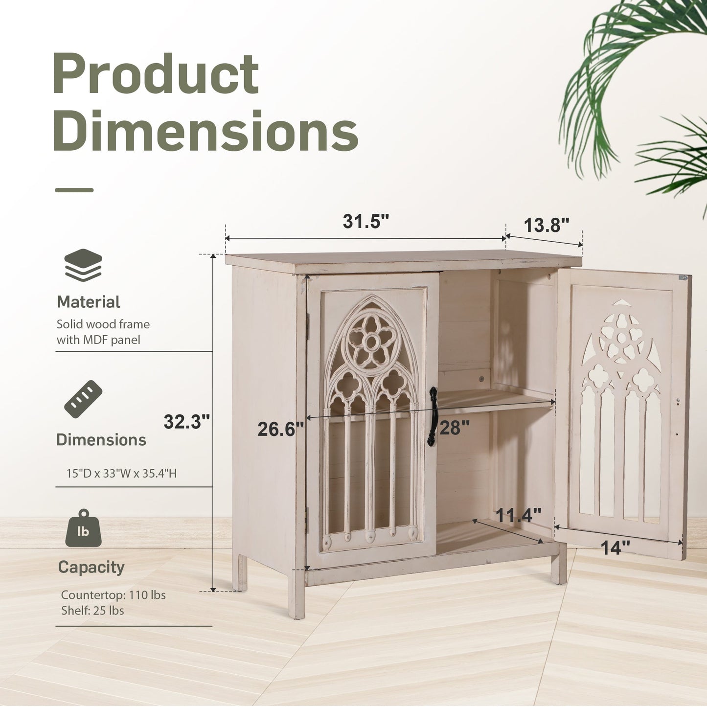 Alpha Joy 2-Door Accent Cabinet, Retro Storage Cabinet with Hollow-Carved Church Window Door for Entryway, Living Room, White