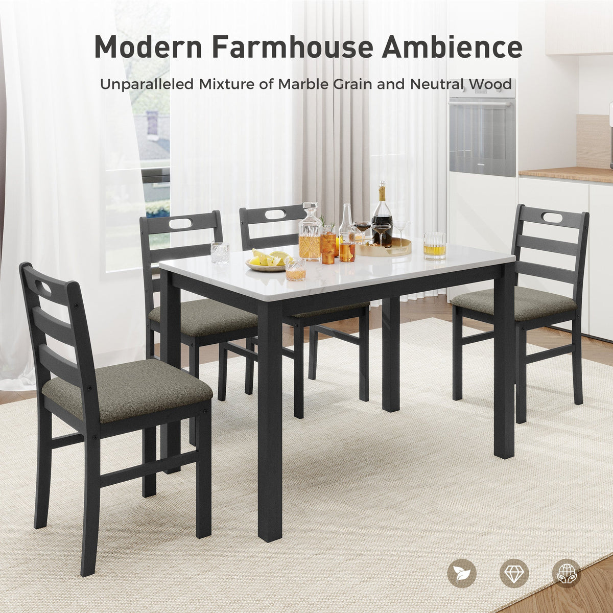Alpha Joy Farmhouse Dining Table Set for 4, Faux Marble Rectangular Table with Solid Wood Paded Chairs