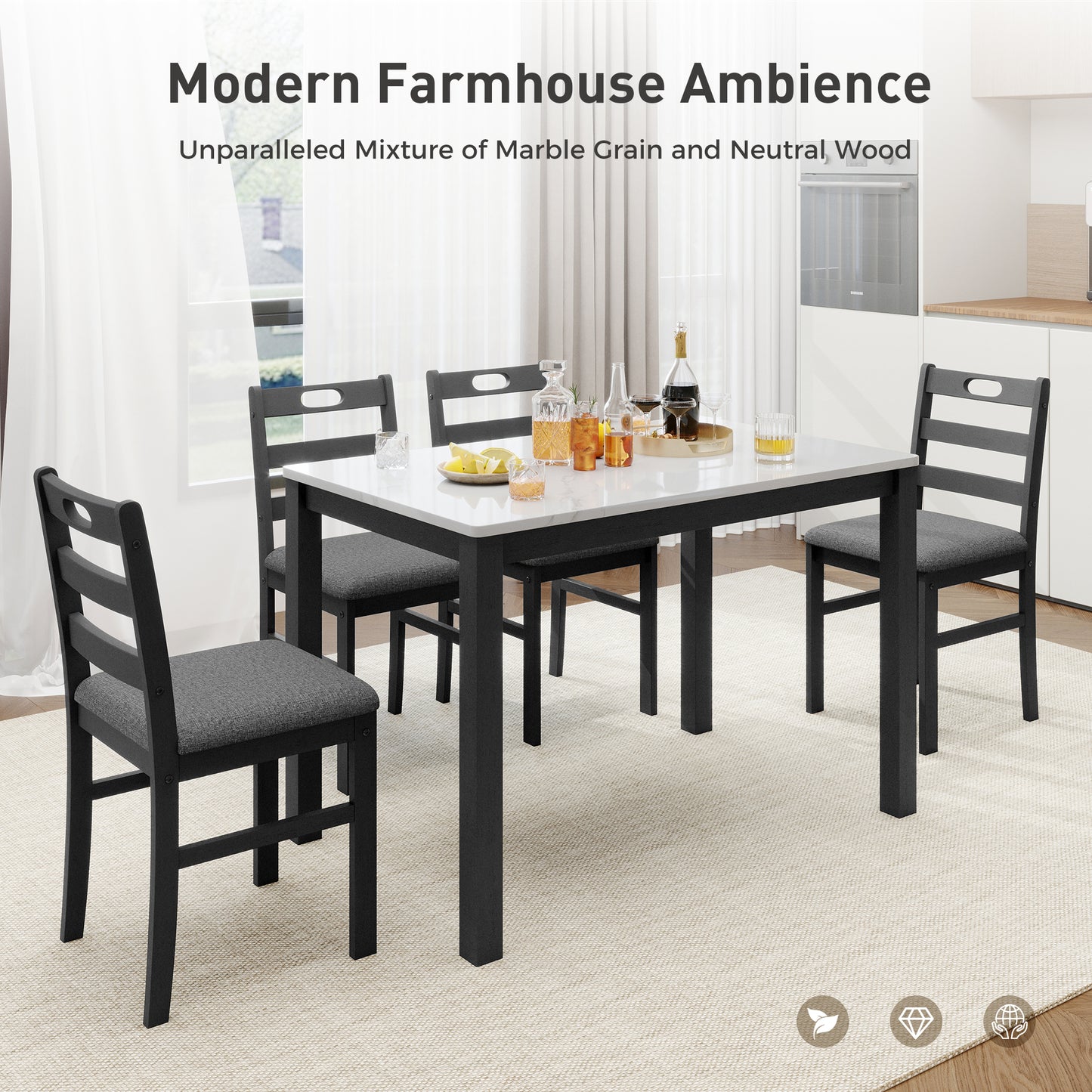 Alpha Joy Farmhouse Dining Table Set for 4, Faux Marble Rectangular Table with Solid Wood Paded Chairs
