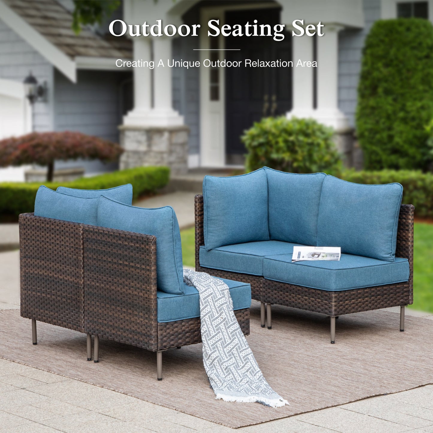 Sophia & William 4 Pieces Wicker Patio Furniture Set 4-Seat Outdoor Conversation Set with Cushions, Brown & Blue