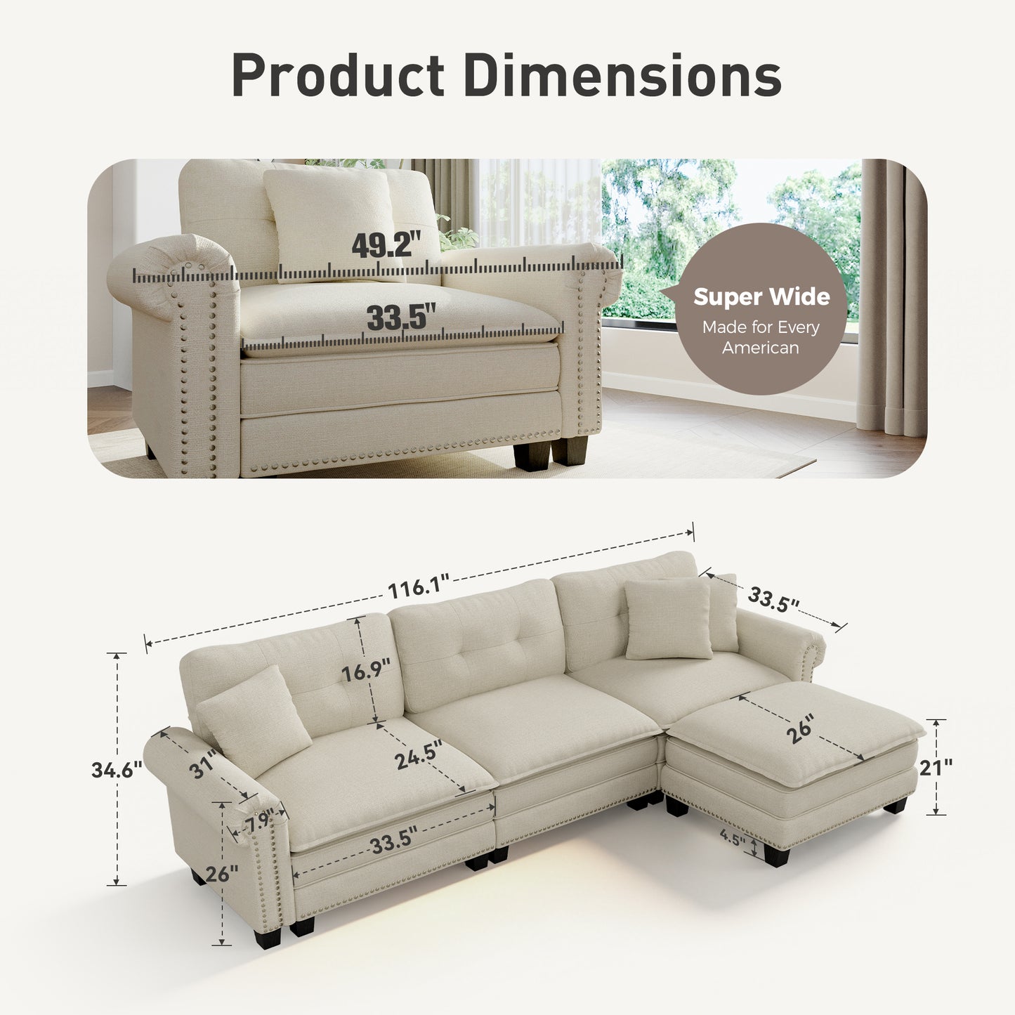 Sophia&William Modular Sectional Sofa Set, L-shaped Oversized Linen Cloud Couch Set 4-Seat Retro Nailhead Trim Cloud Sofa Set with 3 Pillows for Living Room, White