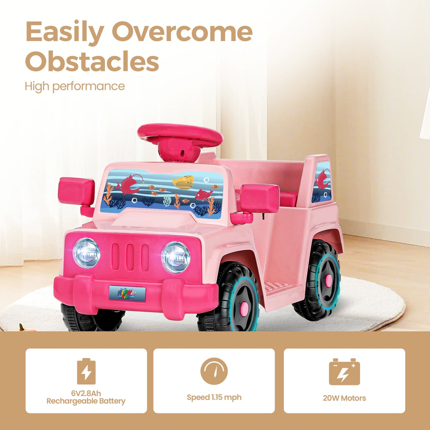 Alpha Joy Kids Remote Control Car Toys with LED Lights & Rocket Sticker, Pink