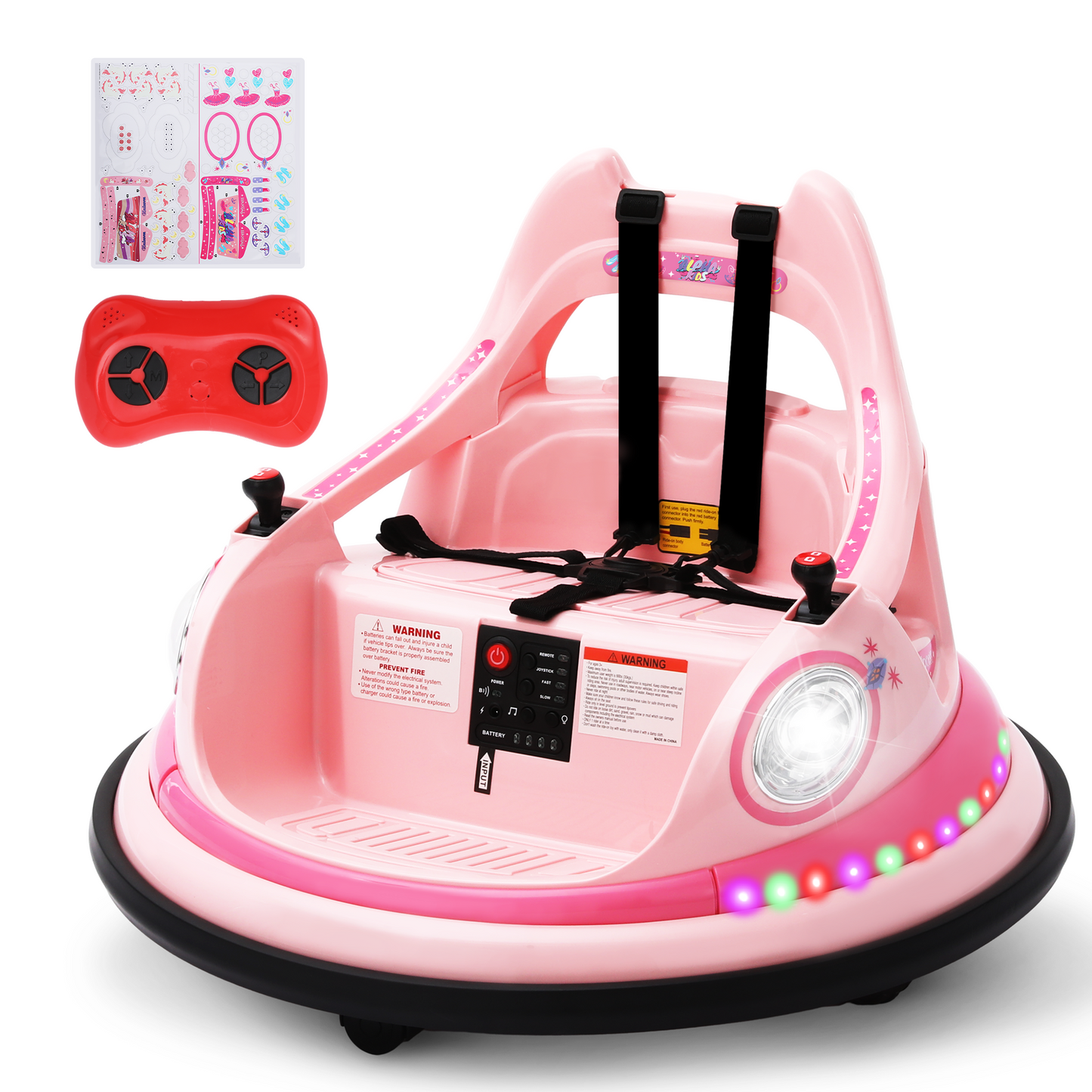 Sophia&William Bumper Car for Kids 12V Battery Powered Ride on w/Bluetooth Music, LED Lights, Remote Control, Electric Toy Car in 2 MPH with DIY Stickers, Pink