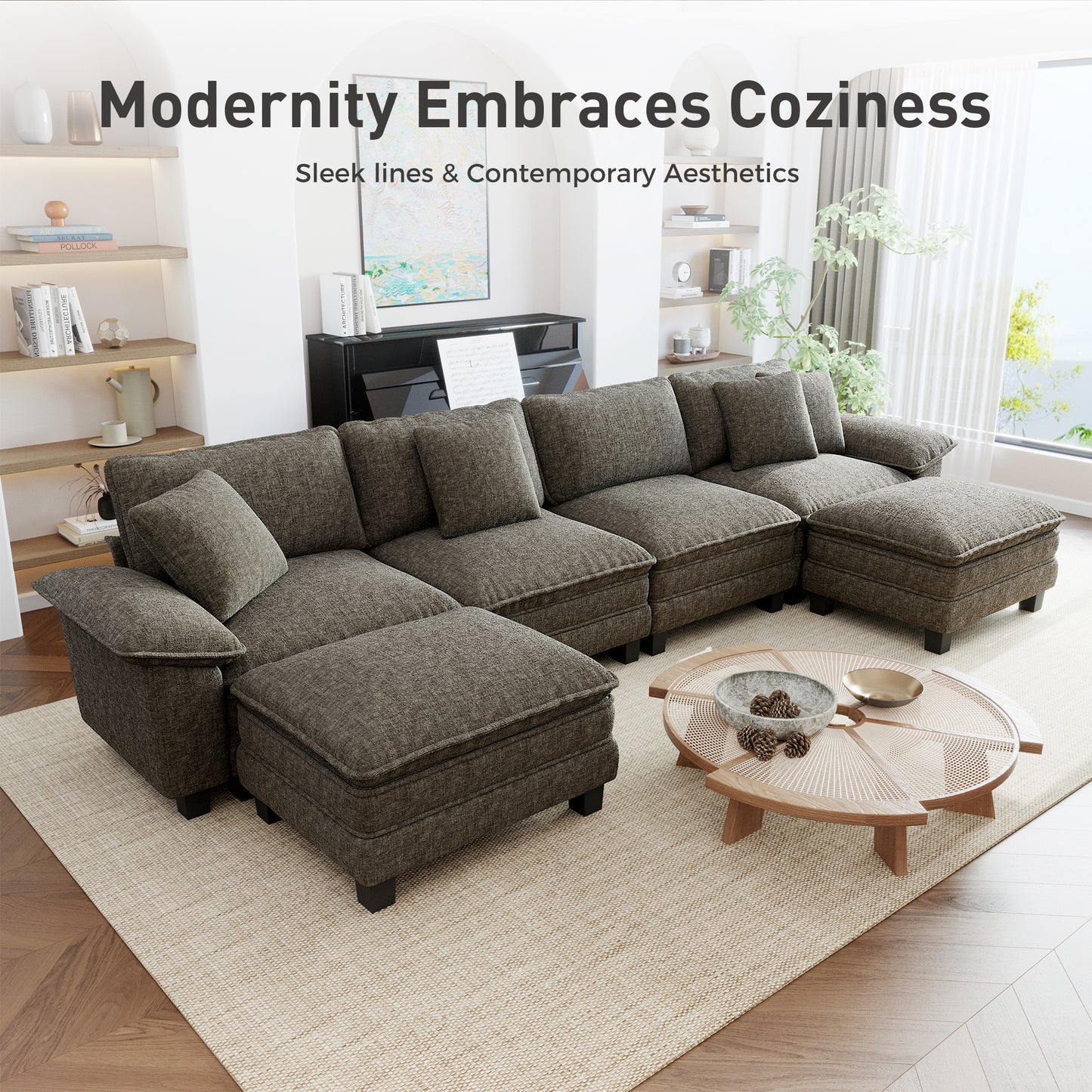 Sophia&William 157.5"L Modular Sectional Sofa Sets, Modern Chenille Cloud Couch 6-Seat Oversized Sofa with 4 Pillows & 2 Ottomans for Living Room,Ash Gray