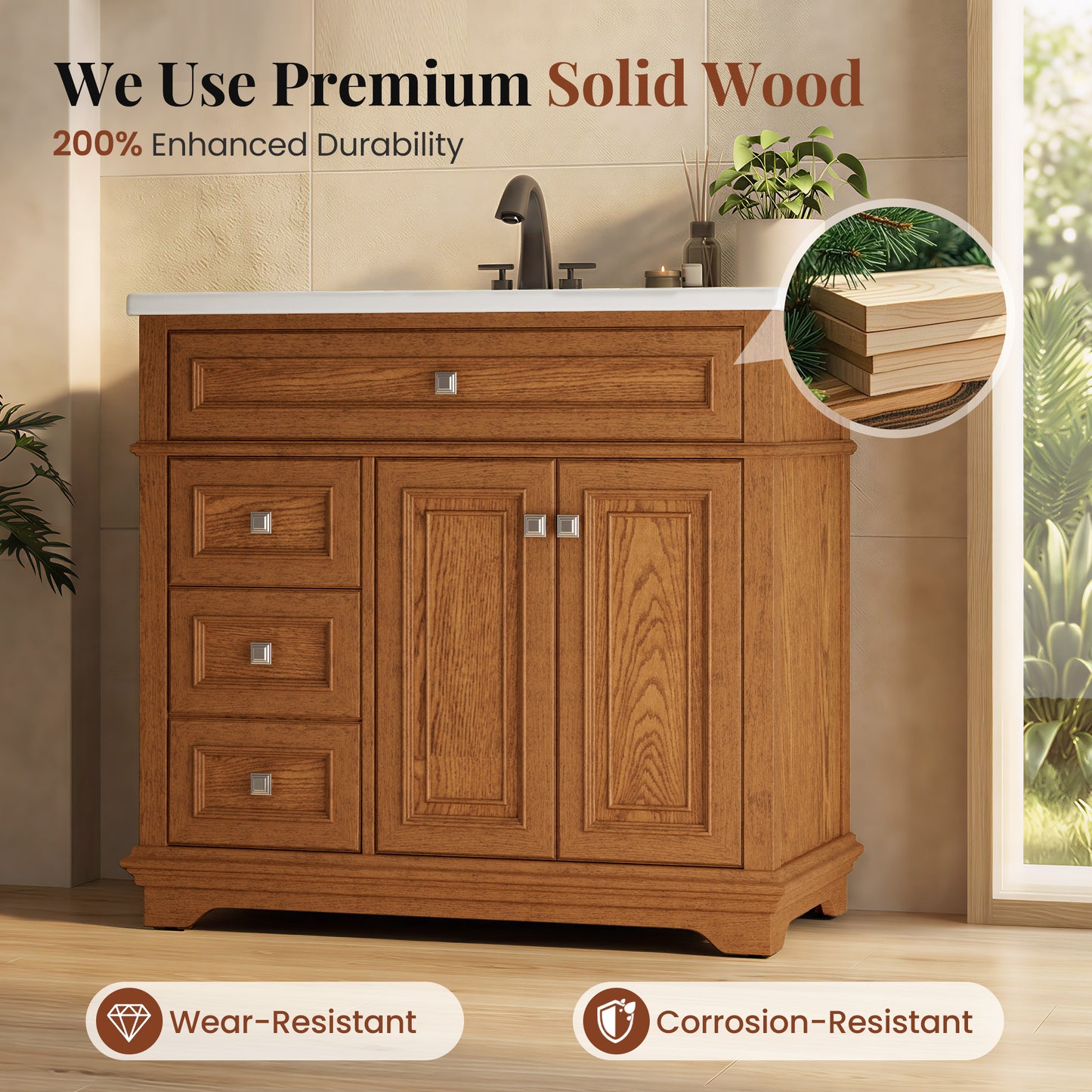 Sophia & William 36inch Bathroom Vanity with 5inch Deep Sink Freestanding Wood Bathroom Cabinet Vanity with 2 Doors with Shelf & 2 Drawers, Teak