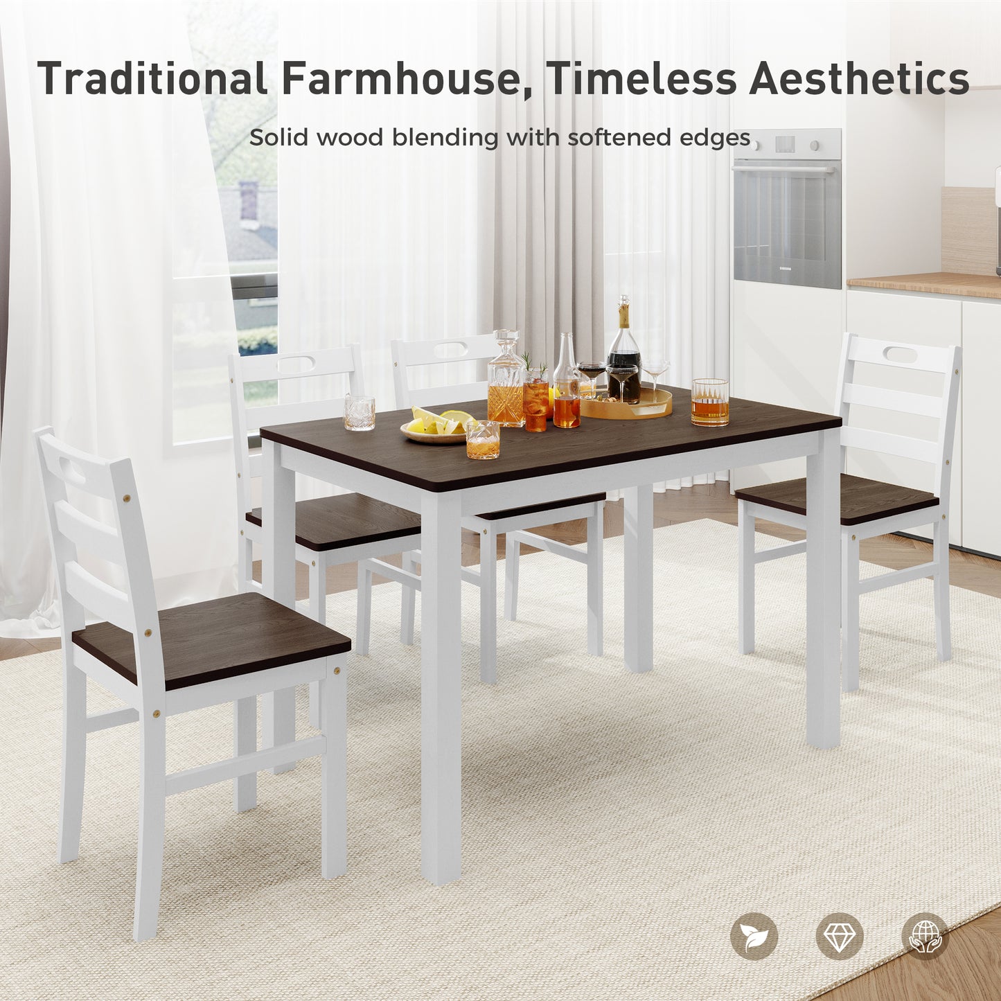 Alpha Joy Farmhouse Dining Table Set for 4 Solid Wood Kitchen Chairs and Table Set