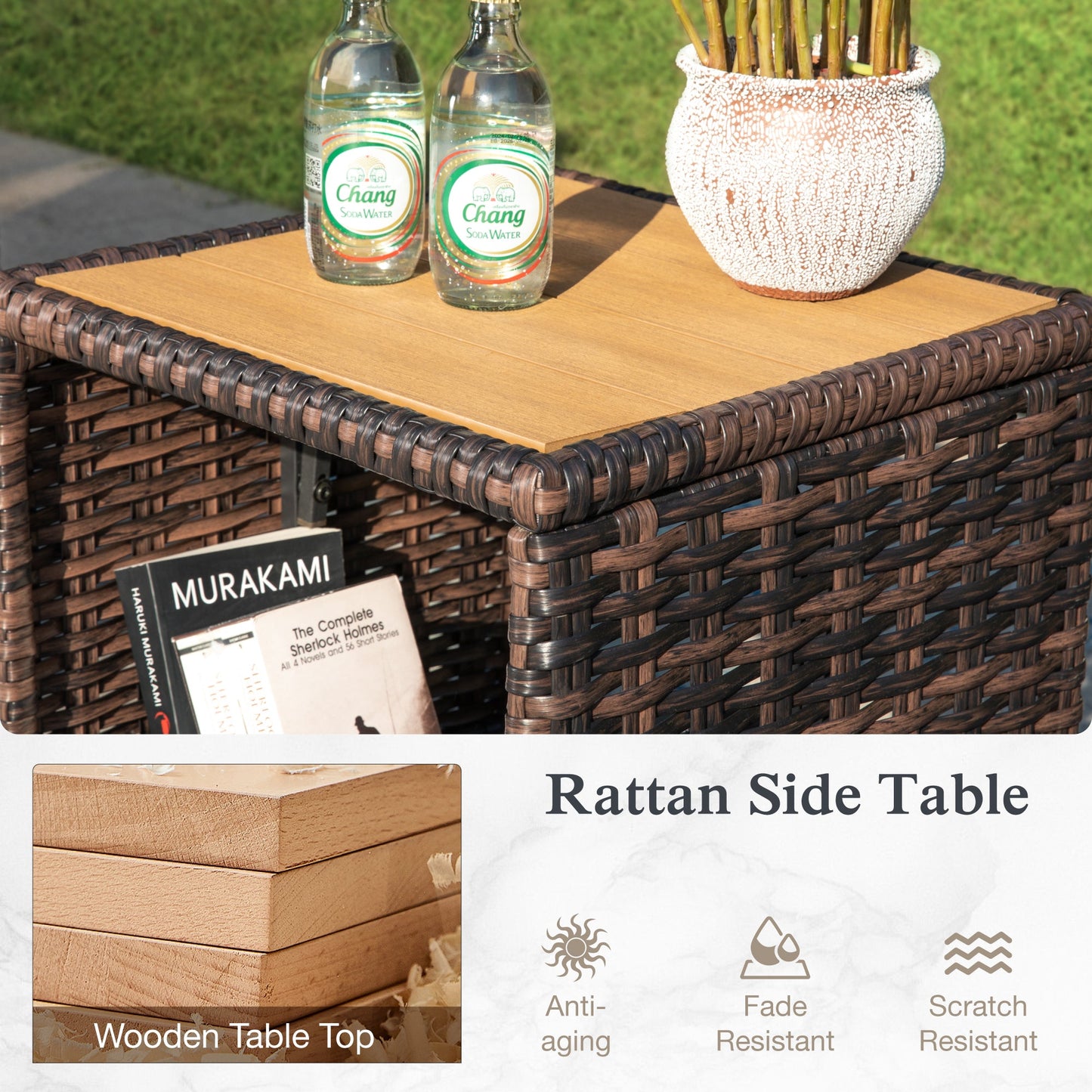 Sophia & William 3 Pieces Patio Chairs Set with Side Table Wicker Outdoor Bistro Set, Beige