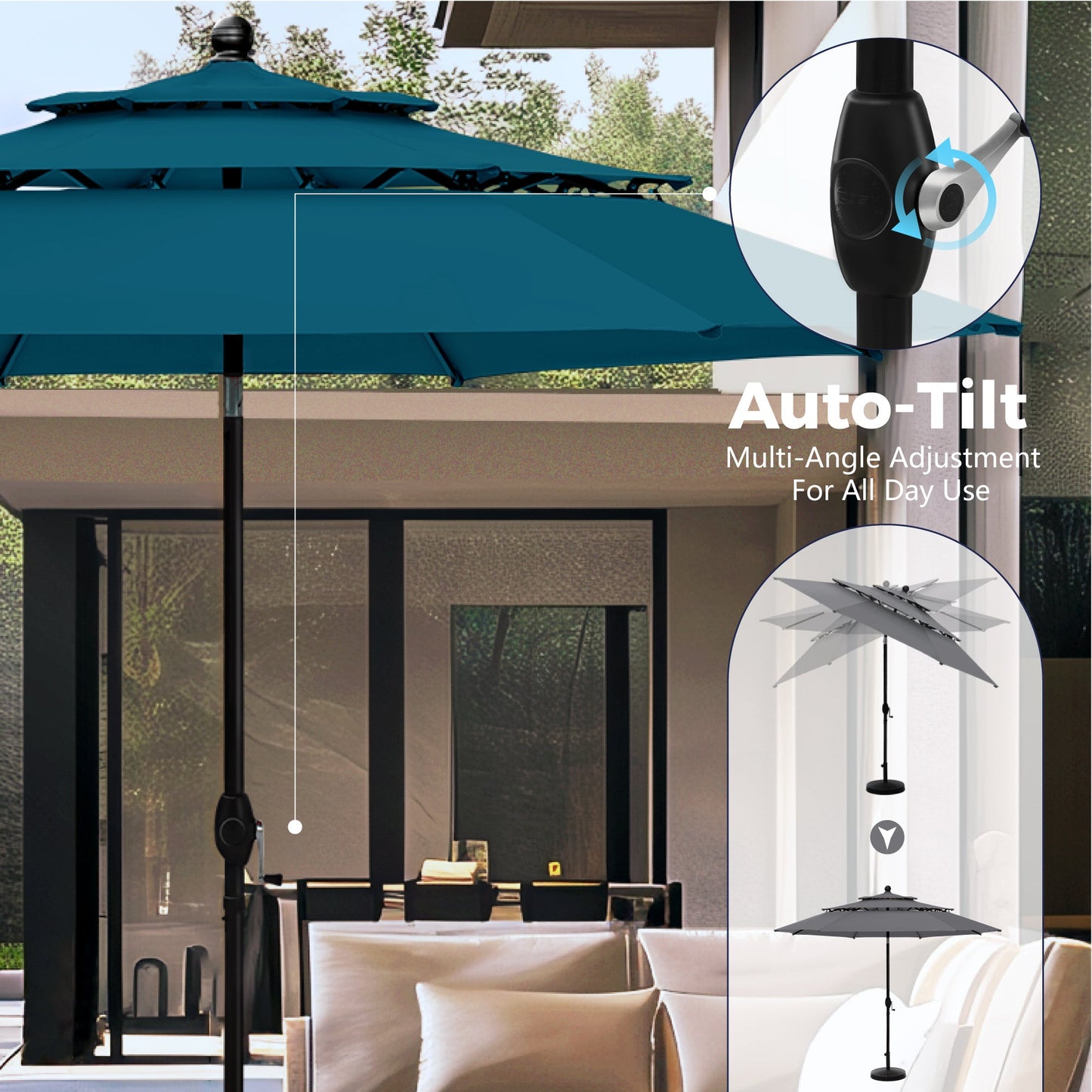 Alpha Joy 10ft 3-Tier Auto-Tilt Patio Umbrella, Steel Pole & Ribs ¨C Double Vented, Push-Button Tilt & Crank, Cerulean