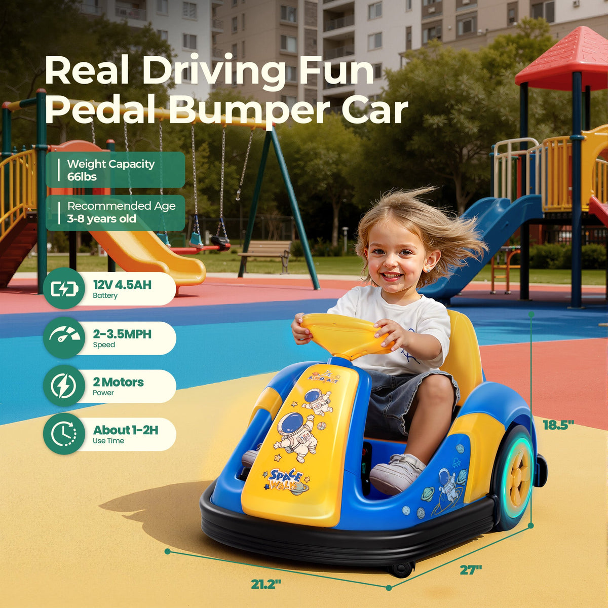Alpha Joy Kids 12V Bumper Car with Steering Wheel & Remote Control, 3-Color LED Lights, 3 Speeds, Electric Ride-on Car for 3-6 Years, Blue
