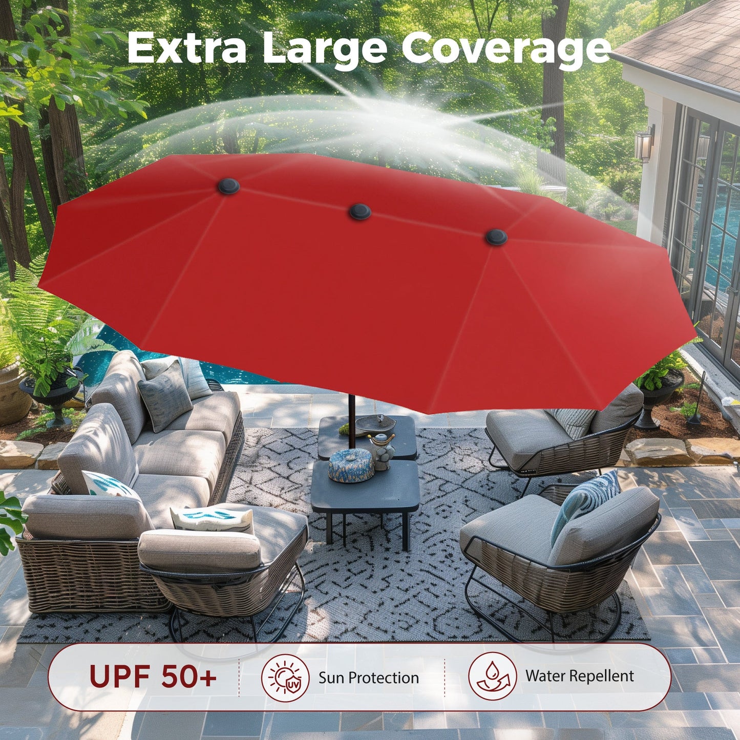 Alpha Joy 13x6.5ft Double-Sided Extra Large Outdoor Patio Market Rectangle Umbrella with Crank Handle, Orange Red