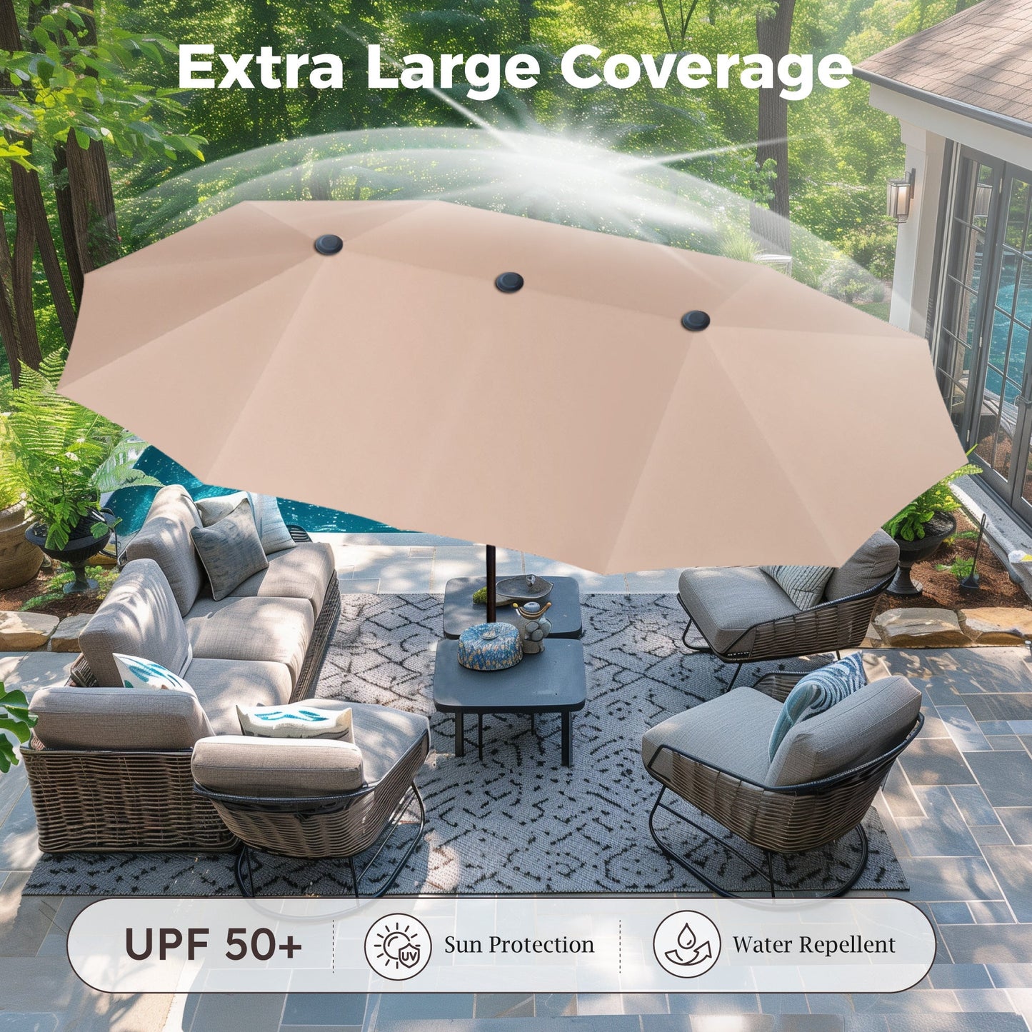 Sophia & William 8-Piece Outdoor Patio Dining Set with 13 ft Beige Umbrella, Rectangle Table & Textilene Chairs for 6