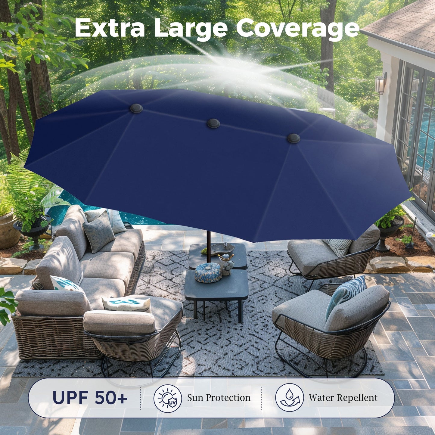 Sophia & William 8-Piece Outdoor Patio Dining Set with 13ft Navy Umbrella, Rectangle Table & Blue Textilene Chairs Furniture Set