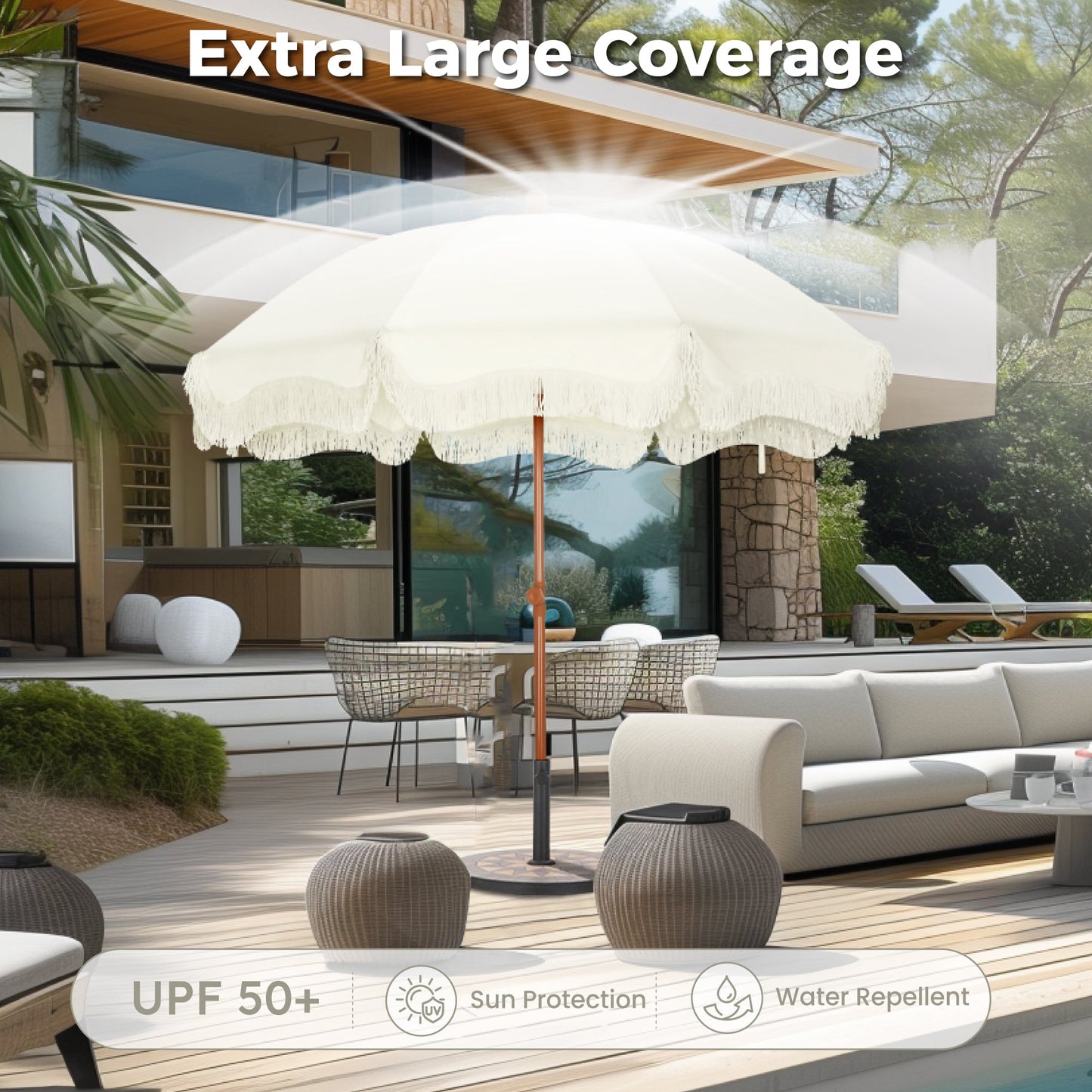 Alpha Joy 7FT Outdoor Parasol Beach Umbrella Fiberglass Ribs Umbrella with Tassel, Ivory