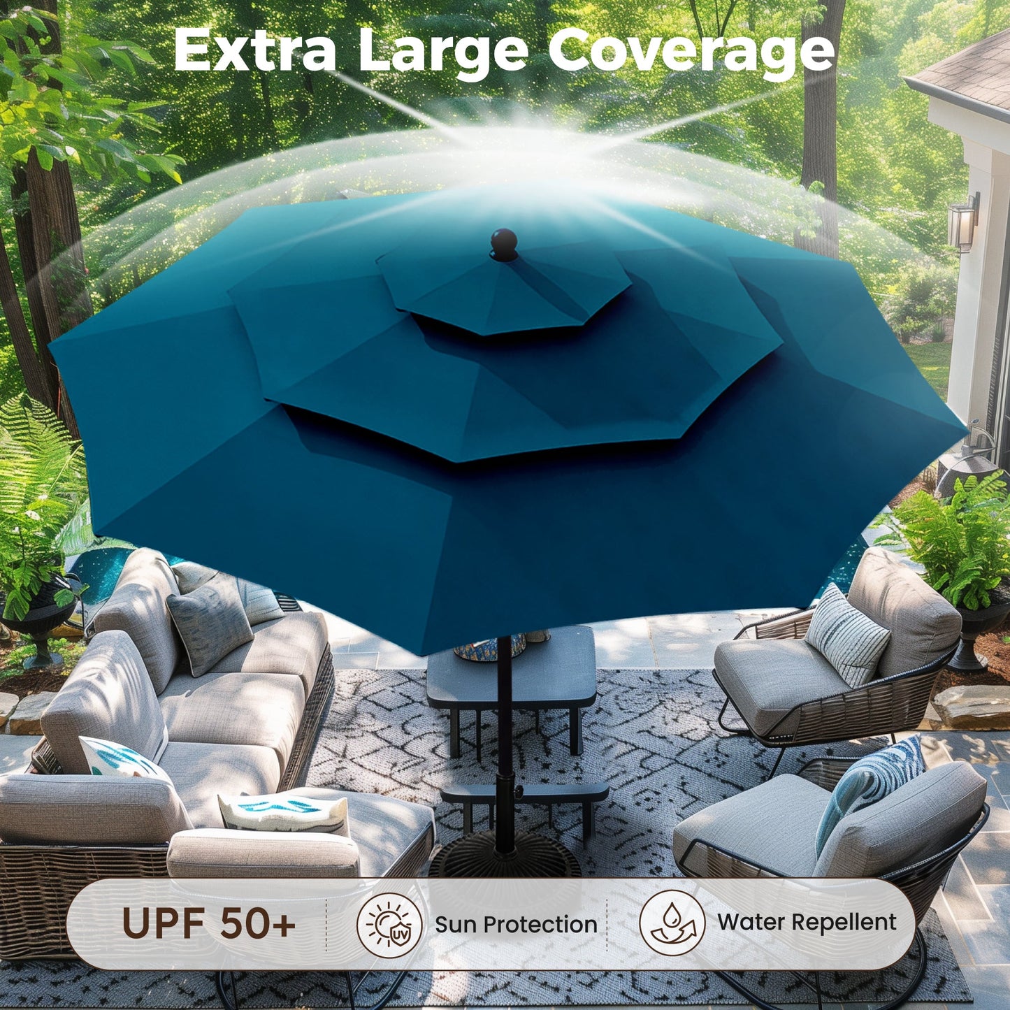 Alpha Joy 10ft 3 Tier Auto-Tilt Outdoor Patio Umbrella Beach Garden Double Vented Table Umbrella with Push Button and Crank, Cerulean